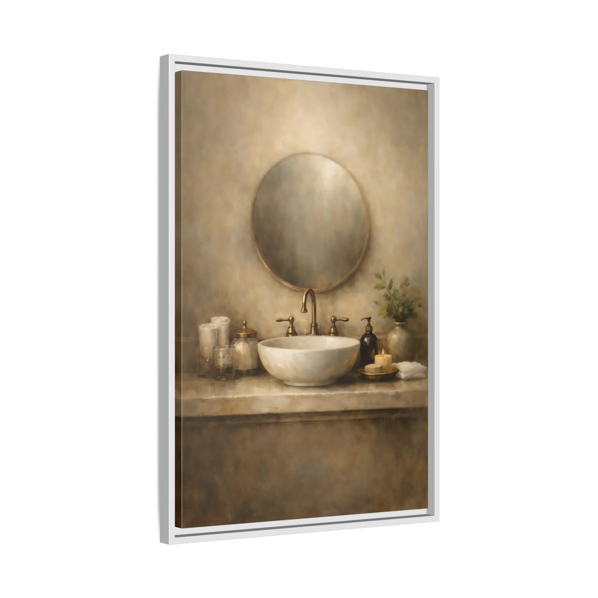 Side Mockup 11. Vintage Bathroom Sink Warm Bathroom shown as stretched canvas wall art
