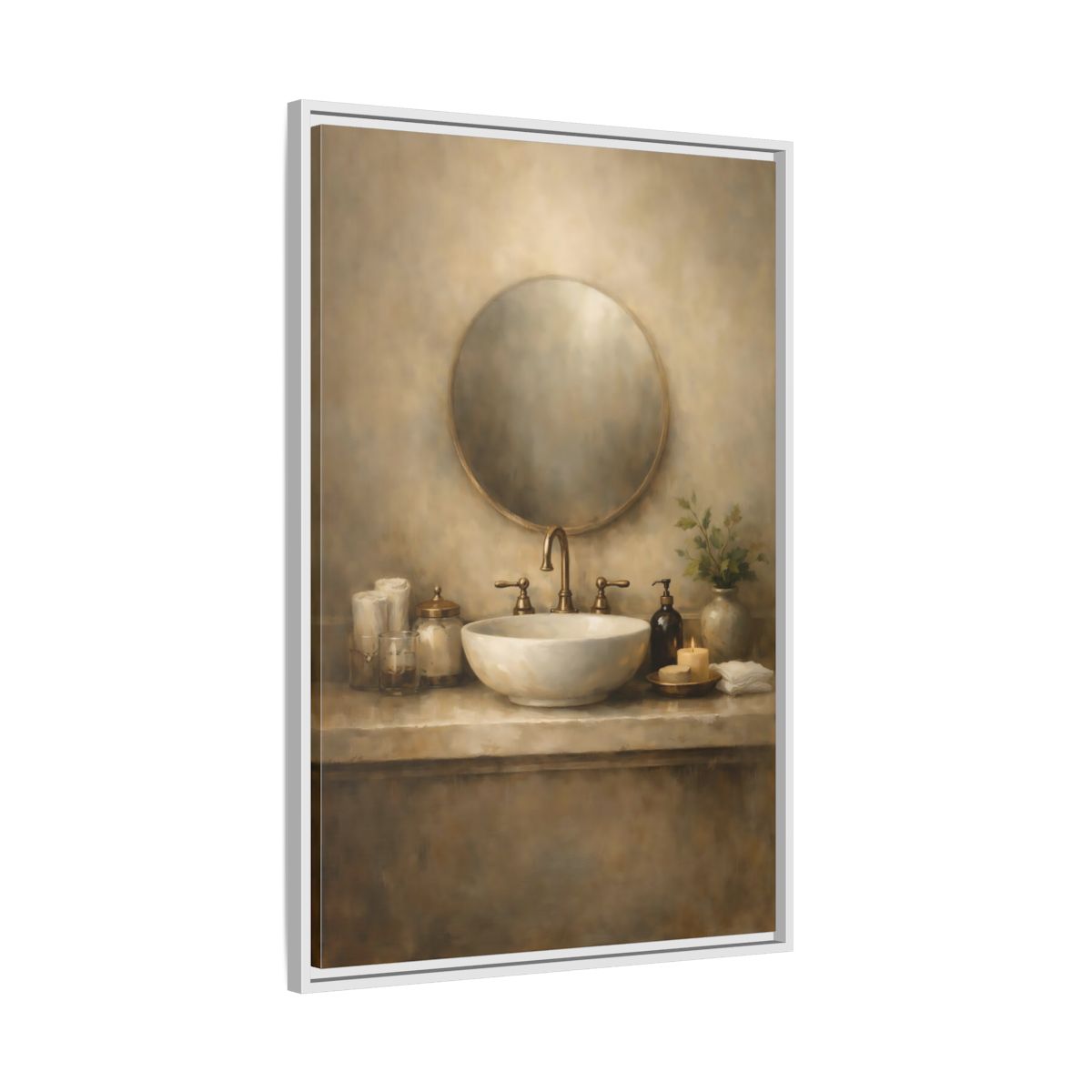 Side Mockup 9. Vintage Bathroom Sink Warm Bathroom shown as stretched canvas wall art