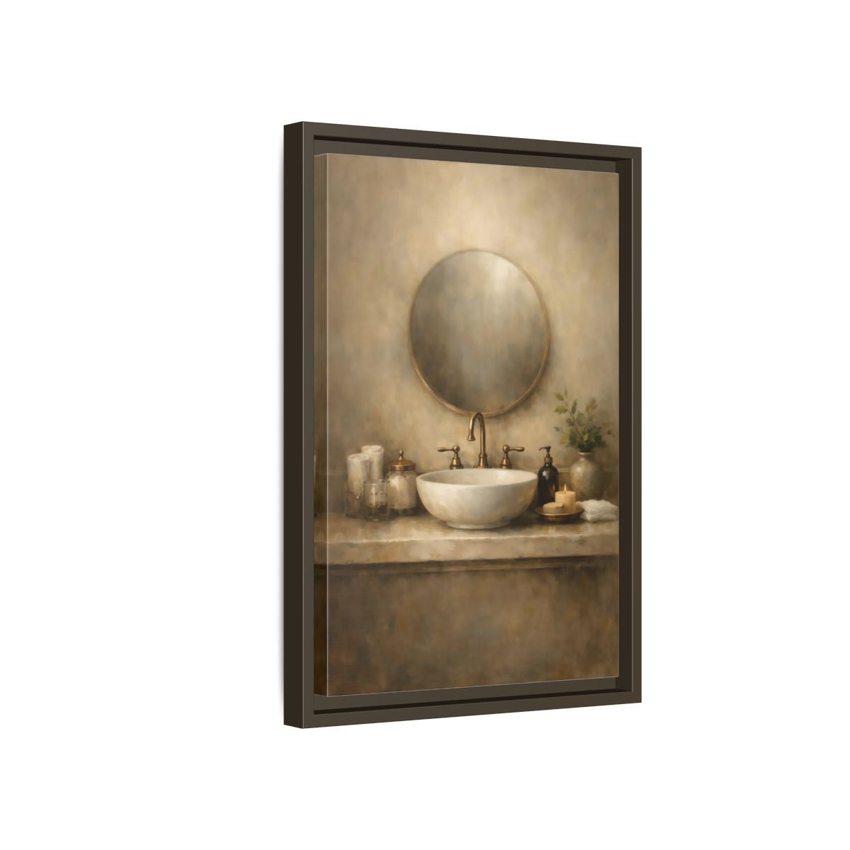 Side Mockup 5. Vintage Bathroom Sink Warm Bathroom shown as stretched canvas wall art