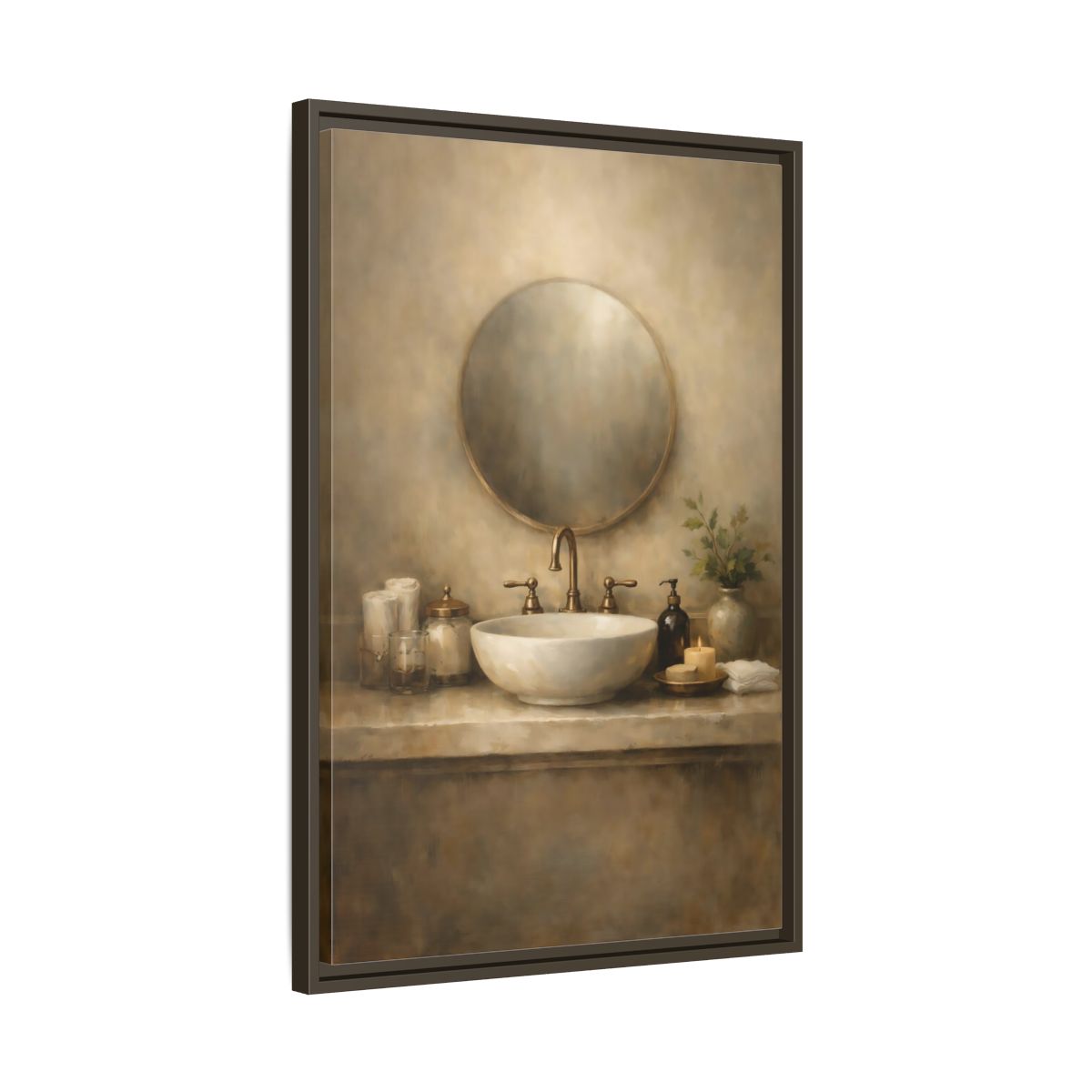 Side Mockup 12. Vintage Bathroom Sink Warm Bathroom shown as stretched canvas wall art
