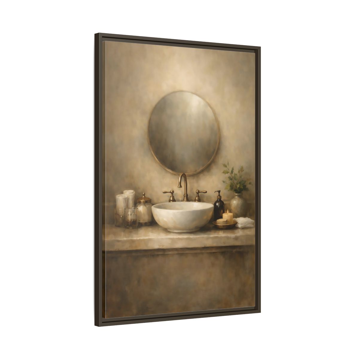 Side Mockup 10. Vintage Bathroom Sink Warm Bathroom shown as stretched canvas wall art
