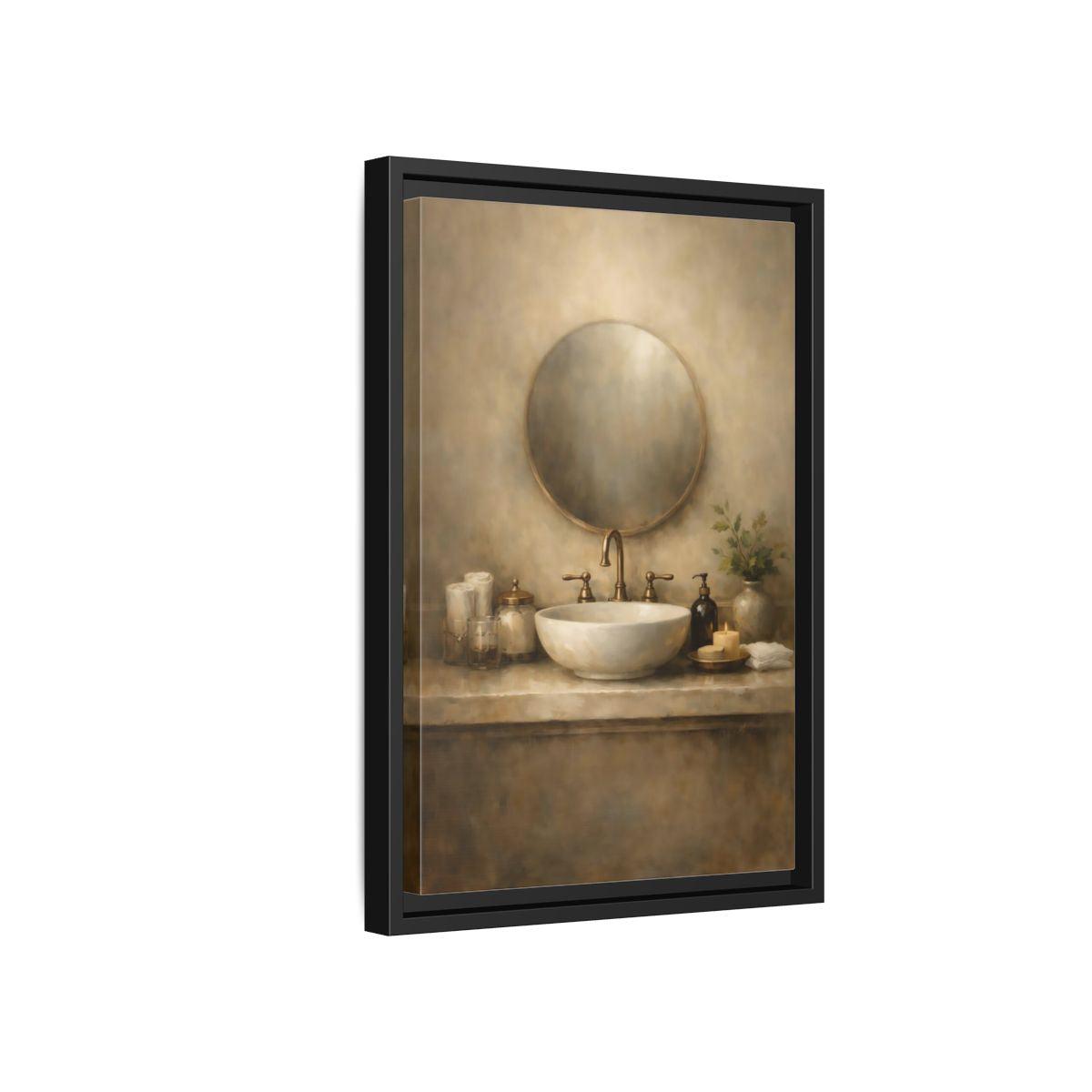 Side Mockup 6. Vintage Bathroom Sink Warm Bathroom shown as stretched canvas wall art