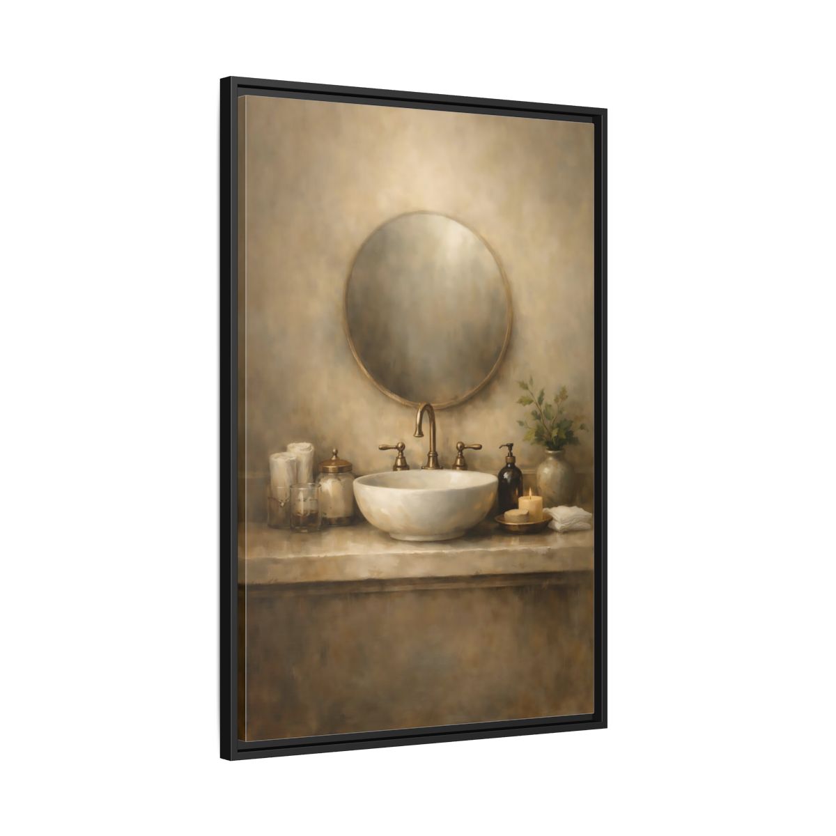 Side Mockup 13. Vintage Bathroom Sink Warm Bathroom shown as stretched canvas wall art