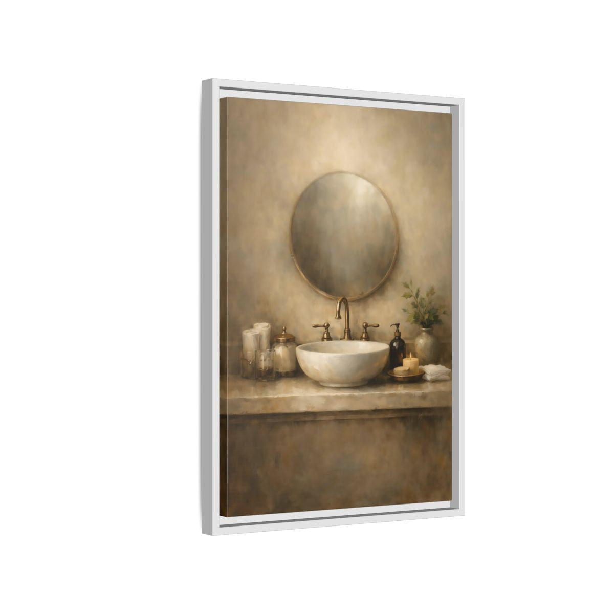 Side Mockup 1. Vintage Bathroom Sink Warm Bathroom shown as stretched canvas wall art