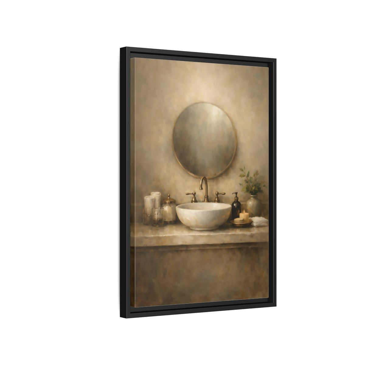Side Mockup 3. Vintage Bathroom Sink Warm Bathroom shown as stretched canvas wall art