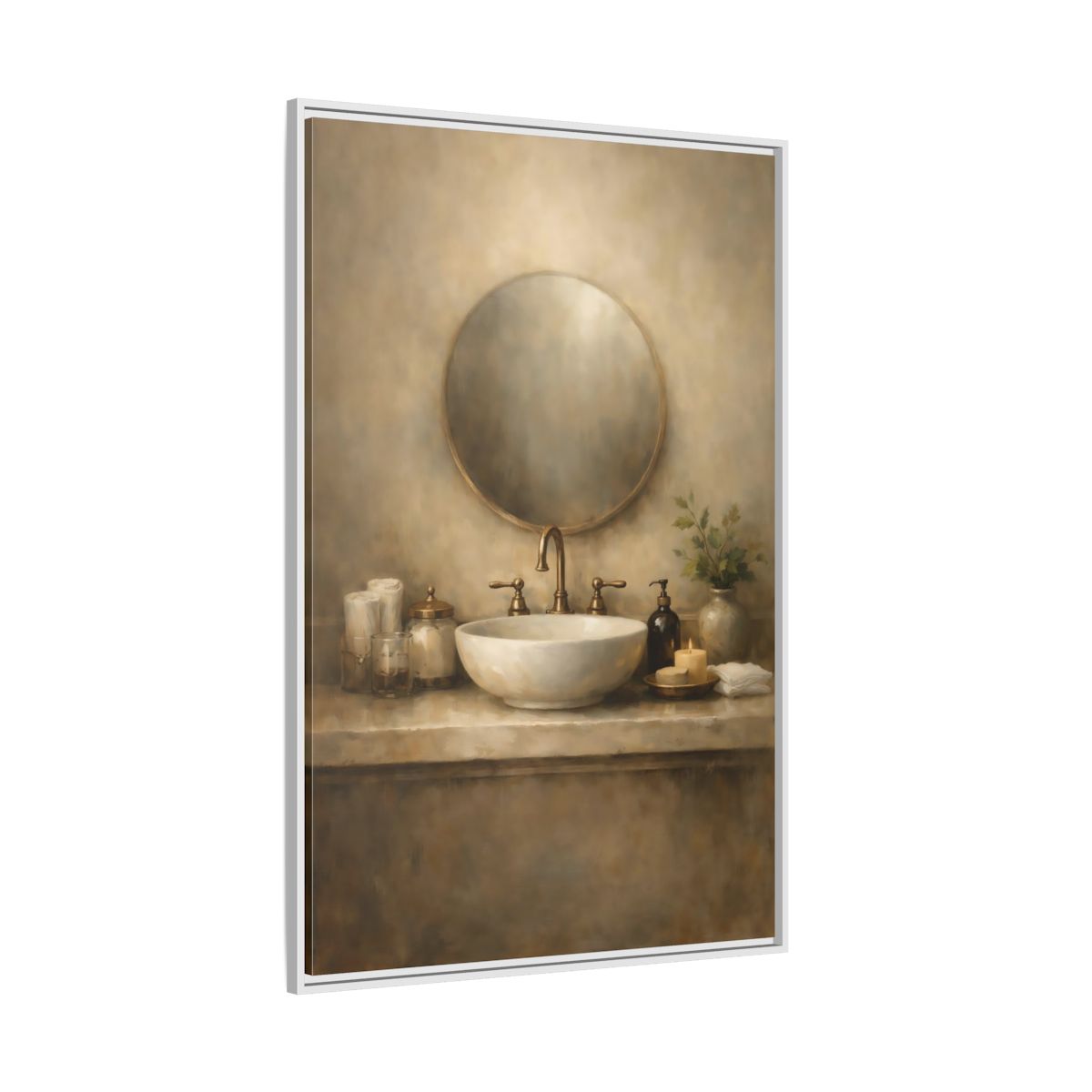 Side Mockup 7. Vintage Bathroom Sink Warm Bathroom shown as stretched canvas wall art