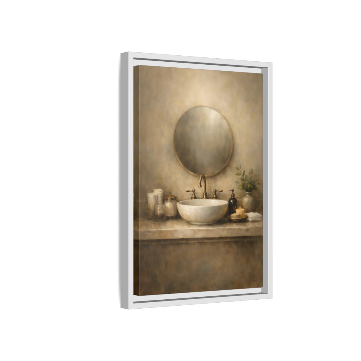 Side Mockup 4. Vintage Bathroom Sink Warm Bathroom shown as stretched canvas wall art