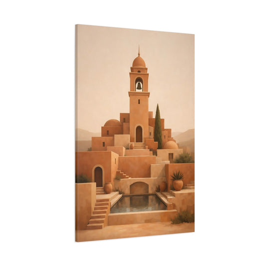 Main Mockup. Vintage Bell Tower Terracotta Village shown as stretched canvas wall art