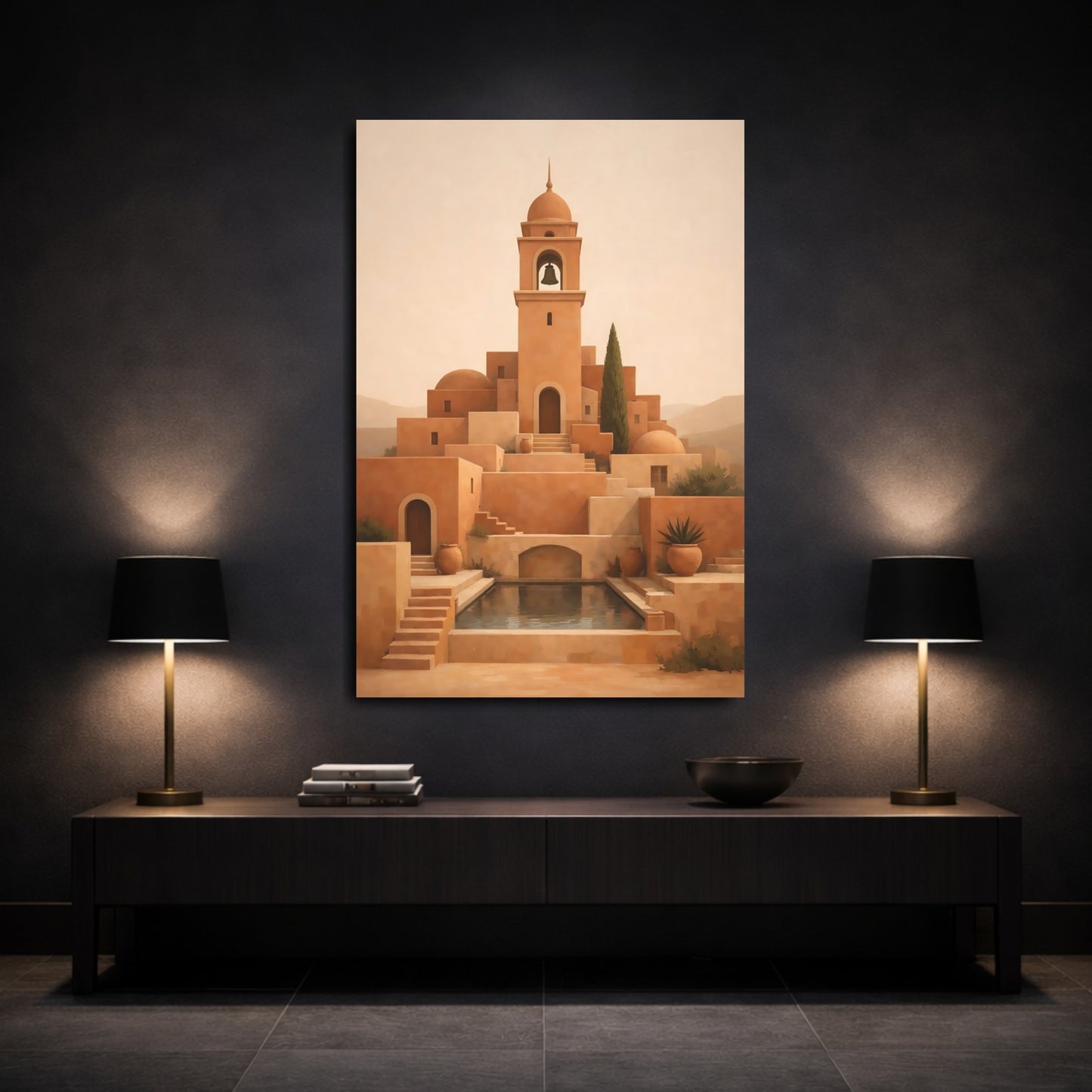 Mockup 2. Vintage Bell Tower Terracotta Village shown as stretched canvas wall art