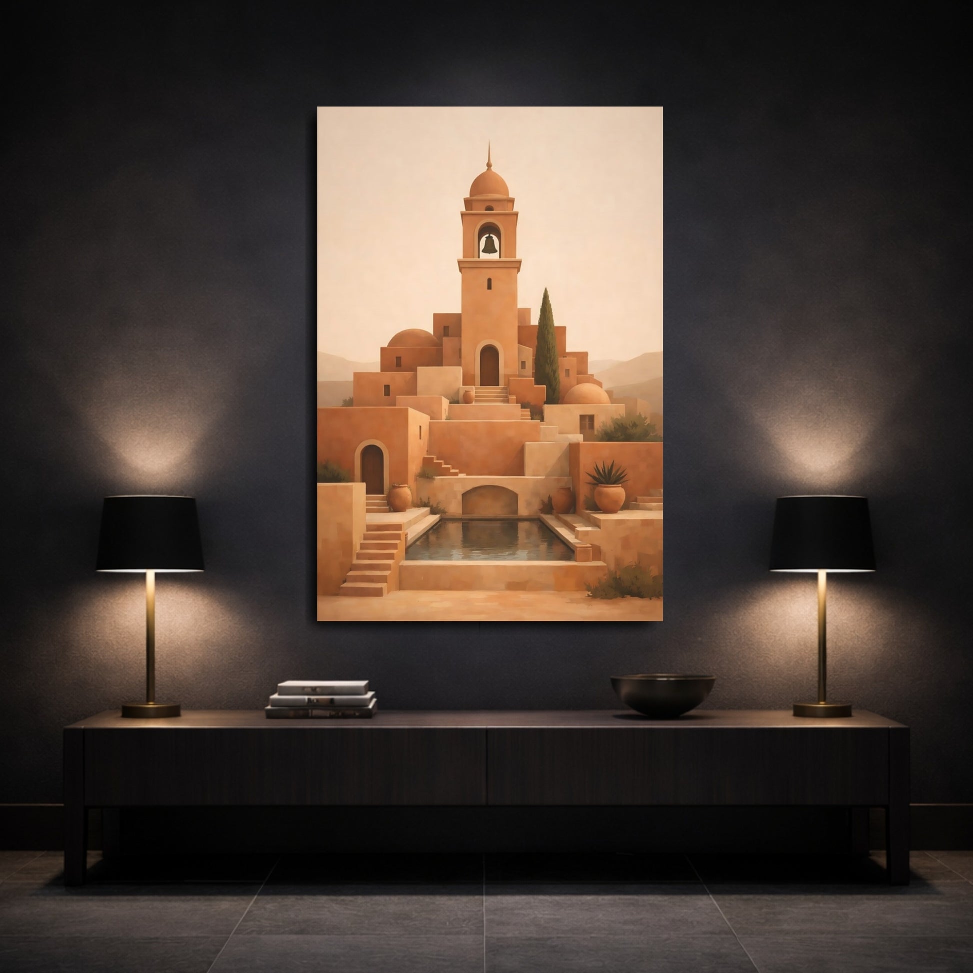 Mockup 2. Vintage Bell Tower Terracotta Village shown as stretched canvas wall art