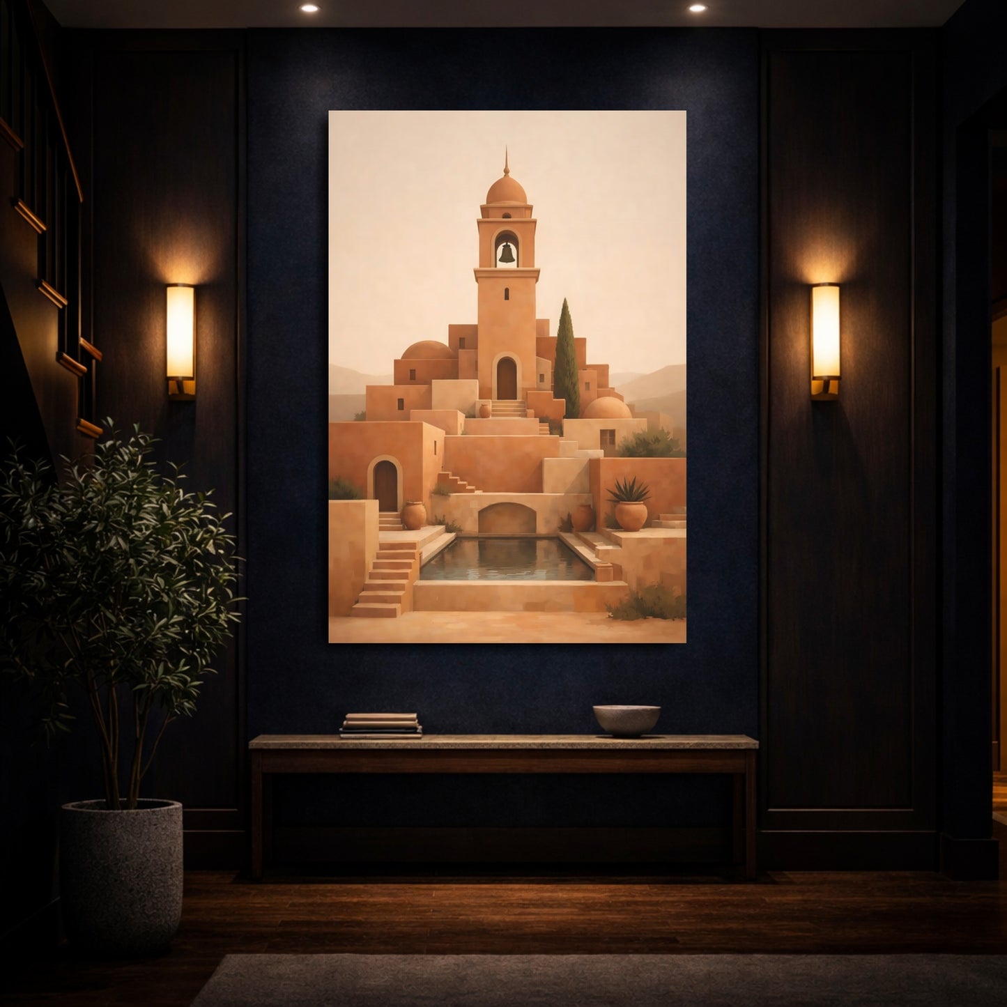 Mockup 3. Vintage Bell Tower Terracotta Village shown as stretched canvas wall art