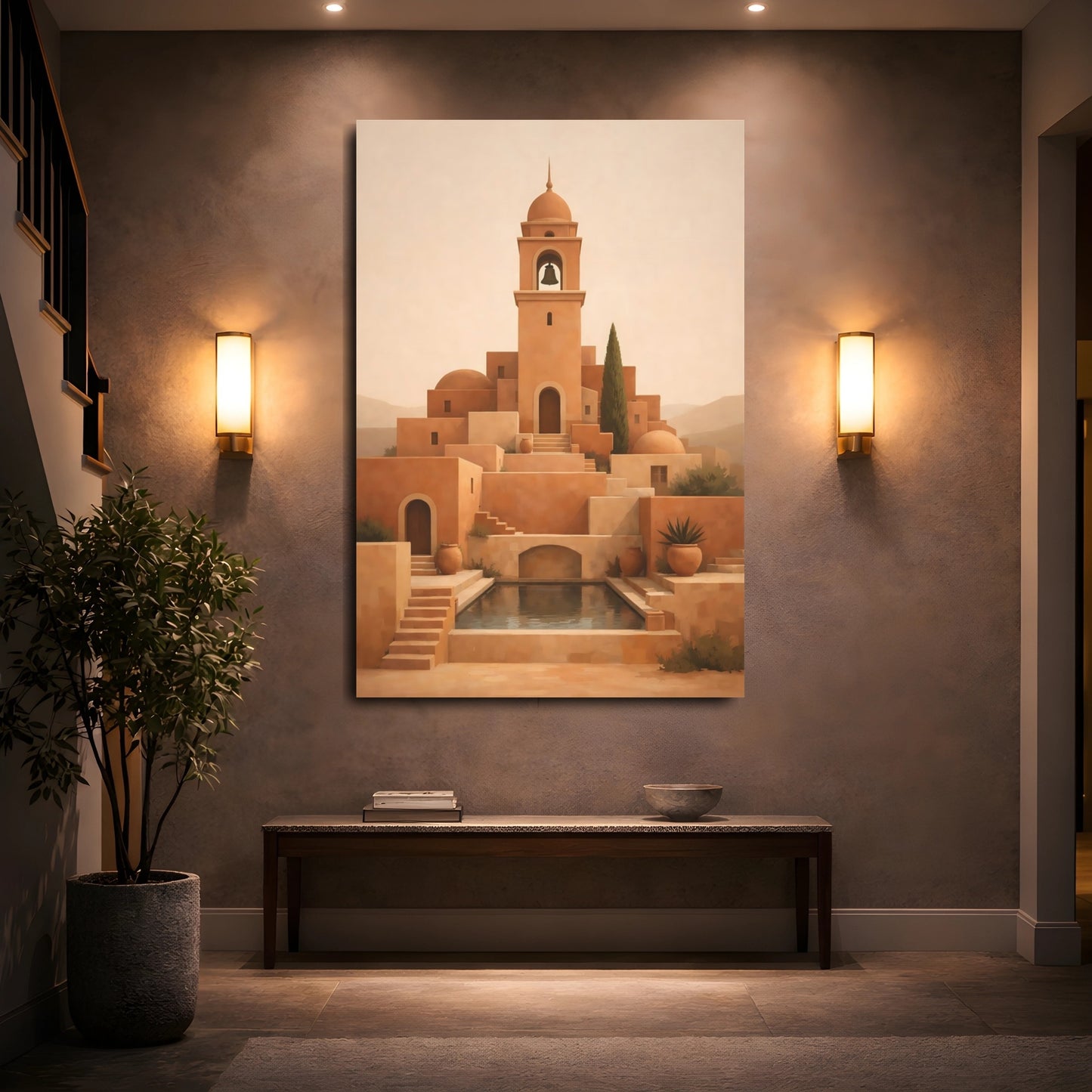 Mockup 4. Vintage Bell Tower Terracotta Village shown as stretched canvas wall art