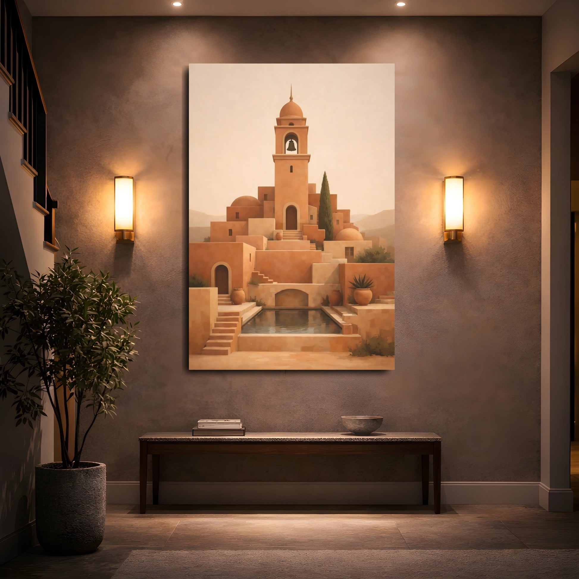 Mockup 4. Vintage Bell Tower Terracotta Village shown as stretched canvas wall art