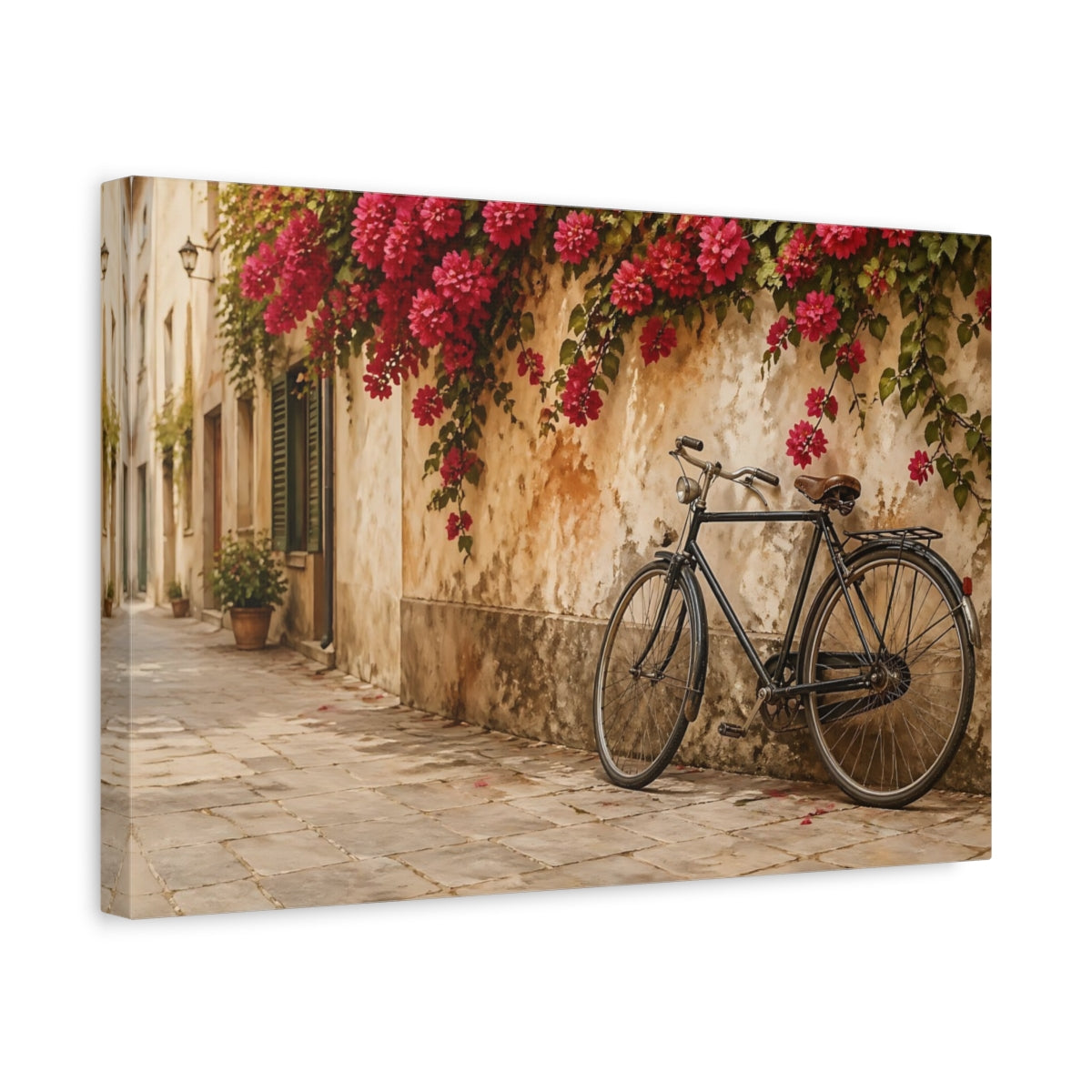 Side Mockup 4. Vintage Bicycle Beige And Pink shown as stretched canvas wall art