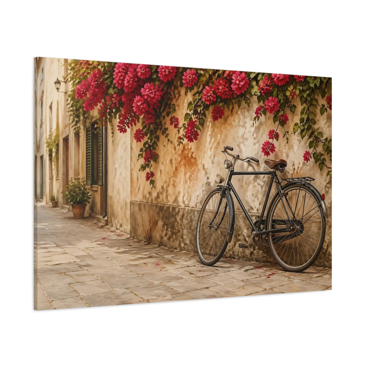 Side Mockup 1. Vintage Bicycle Beige And Pink shown as stretched canvas wall art