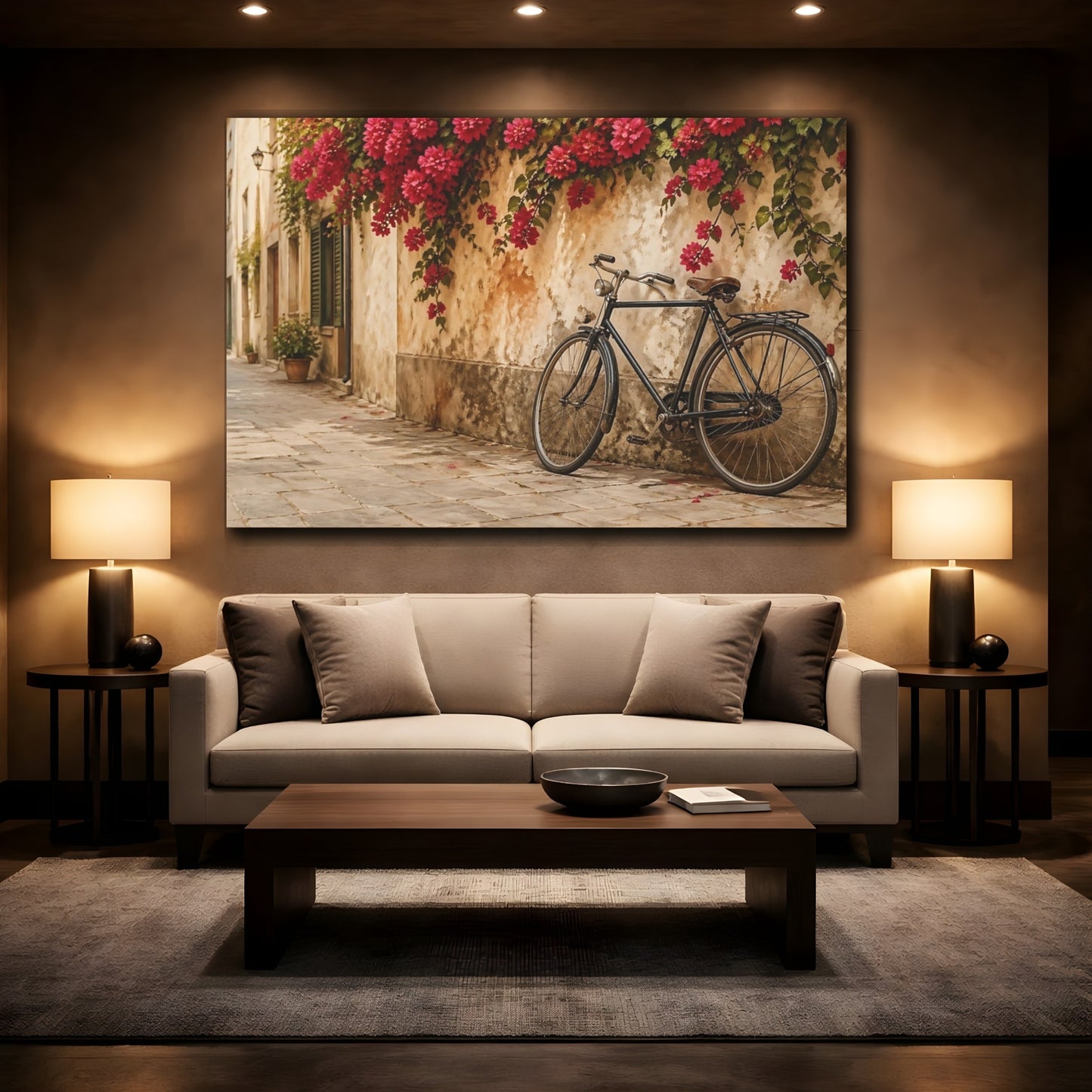Mockup 2. Vintage Bicycle Beige And Pink shown as stretched canvas wall art