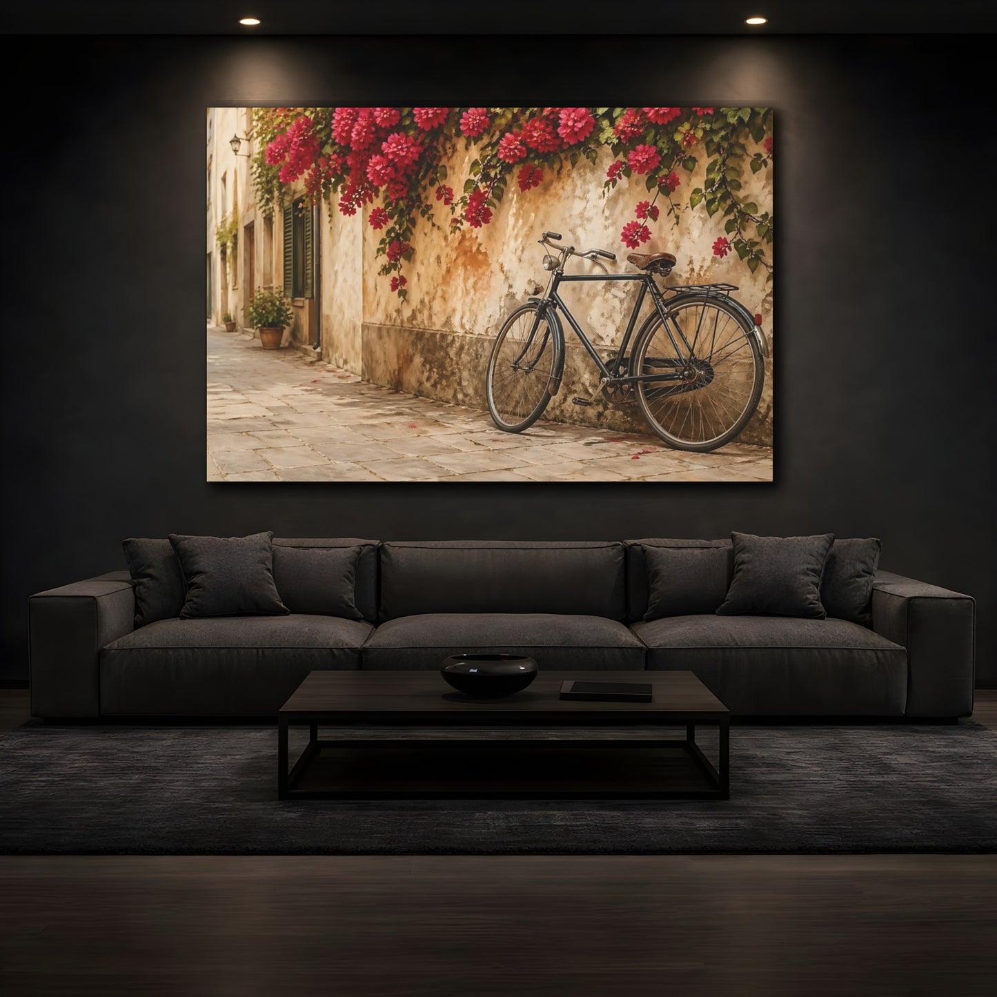 Mockup 3. Vintage Bicycle Beige And Pink shown as stretched canvas wall art
