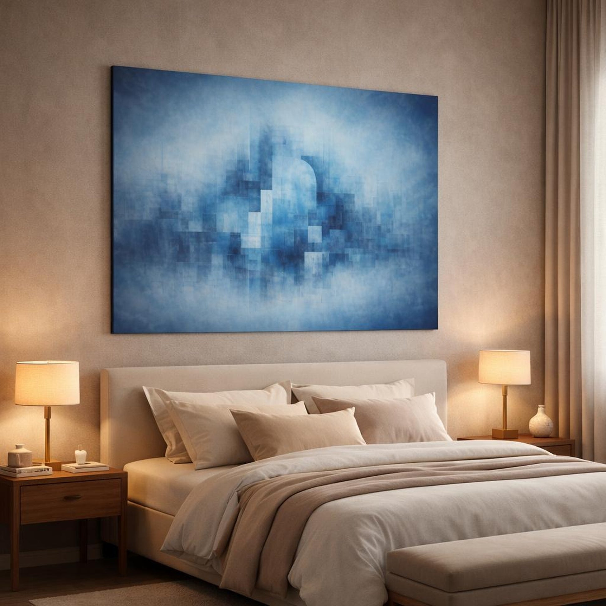 Vintage Blue Urban Abstract shown as canvas wall art in a luxury bedroom