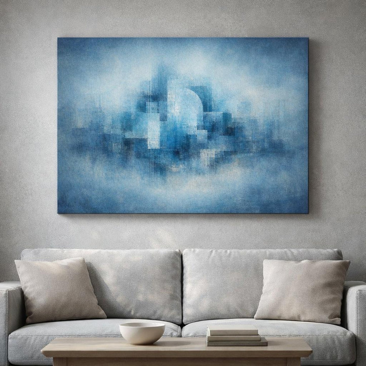 Vintage Blue Urban Abstract shown as canvas wall art in a luxury executive office