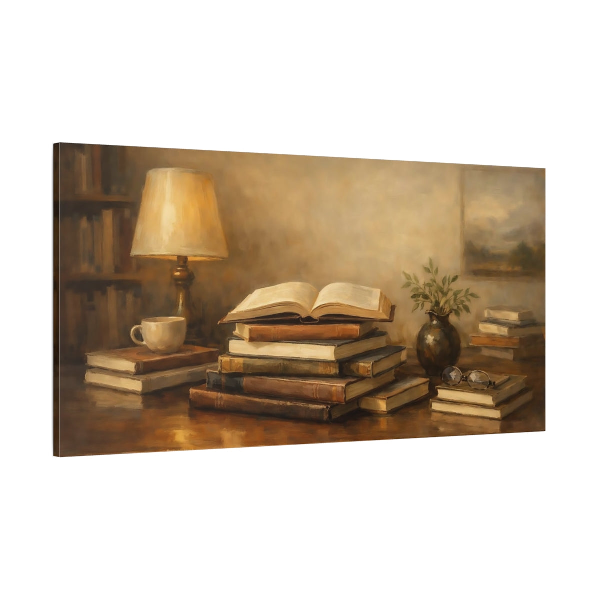 Main Mockup. Vintage Books Brown Books Still Life shown as stretched canvas wall art