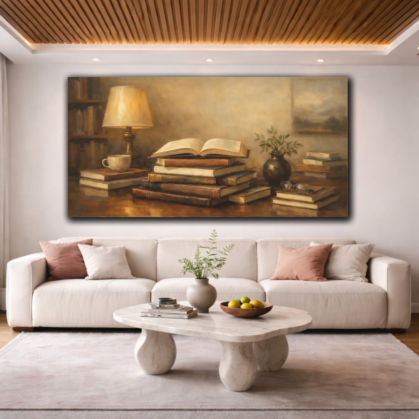 Mockup 3. Vintage Books Brown Books Still Life shown as stretched canvas wall art