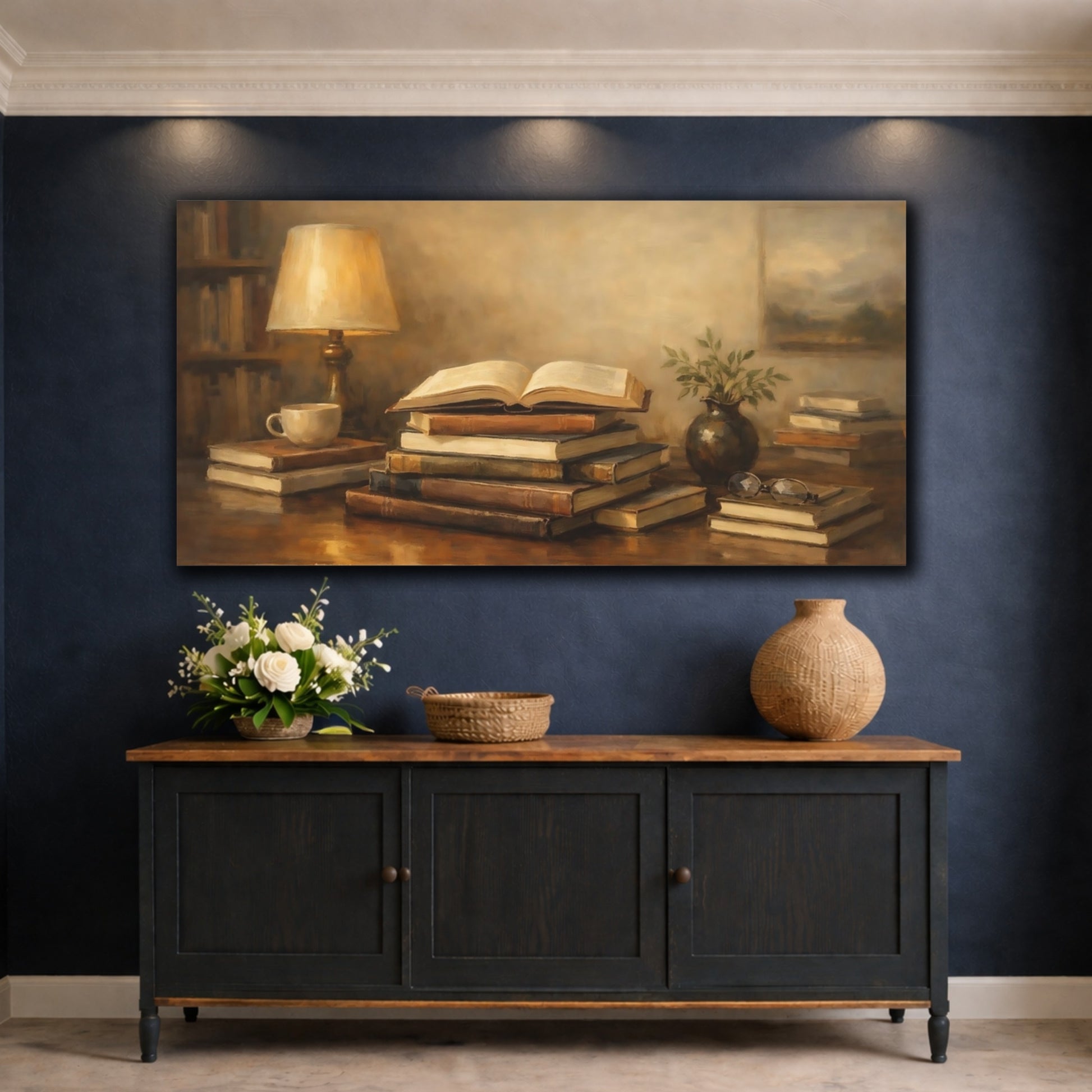 Mockup 4. Vintage Books Brown Books Still Life shown as stretched canvas wall art