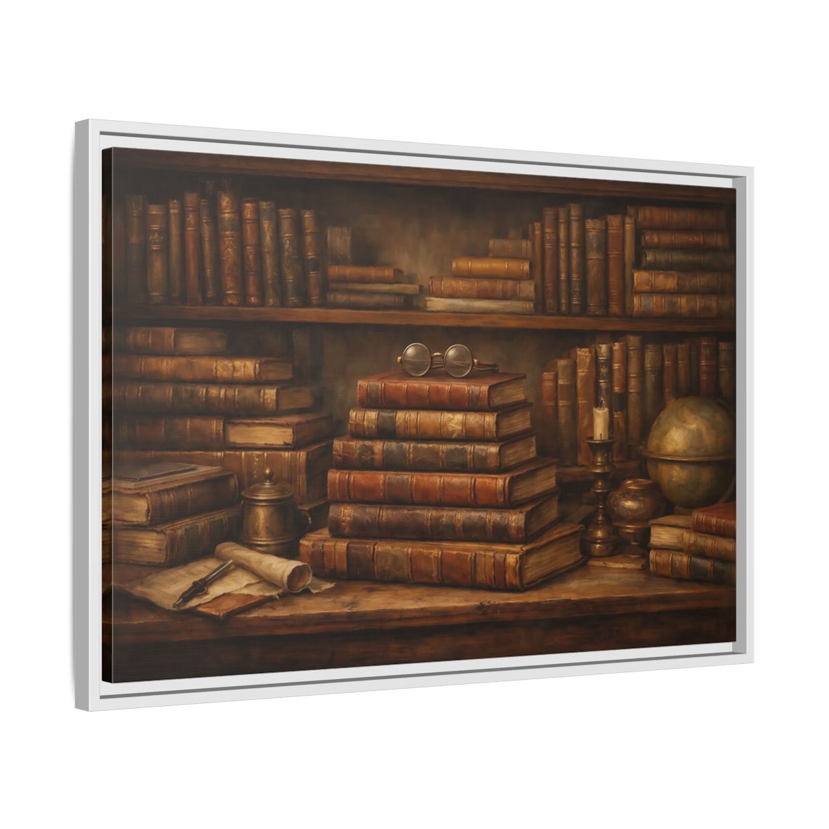Side Mockup 10. Vintage Bookshelf Vintage Bookshelf shown as stretched canvas wall art