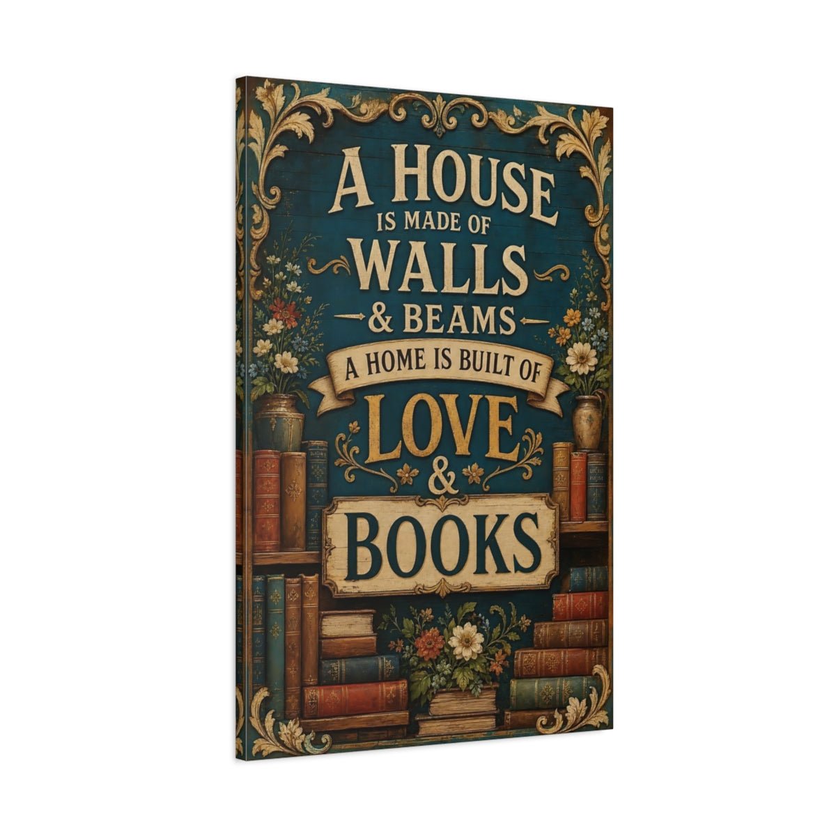 Vintage Bookshelf Quote Teal Books Canvas Print – Living Room, Above Console Table - YesArtYes