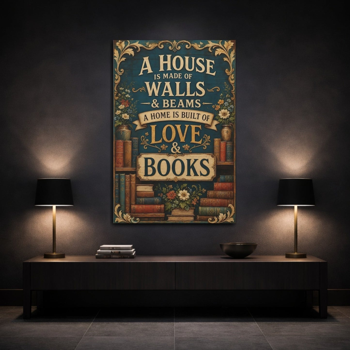 Vintage Bookshelf Quote Teal Books Canvas Print – Living Room, Above Console Table - YesArtYes