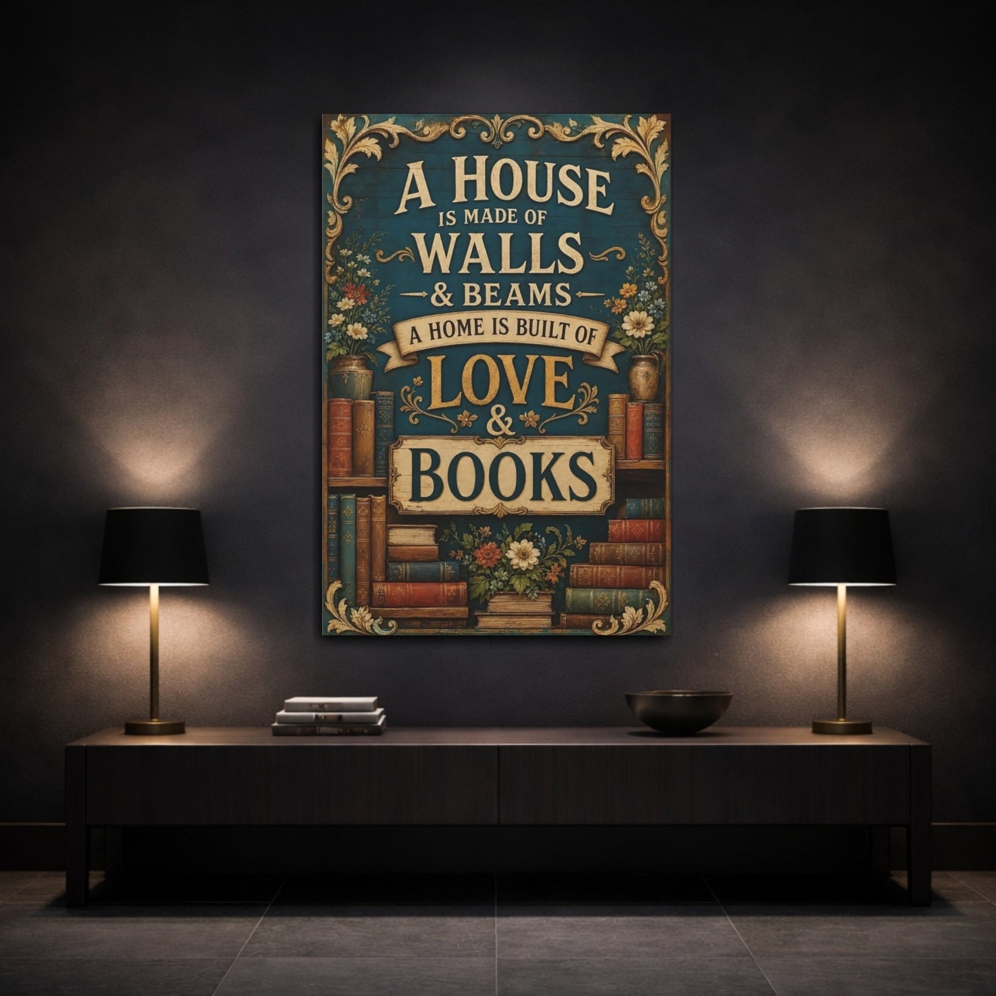 Vintage Bookshelf Quote Teal Books Canvas Print – Living Room, Above Console Table - YesArtYes