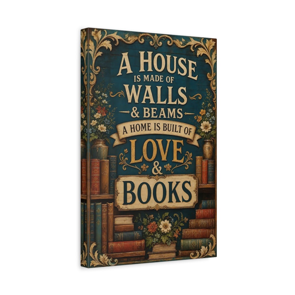 Vintage Bookshelf Quote Teal Books Canvas Print – Living Room, Above Console Table - YesArtYes