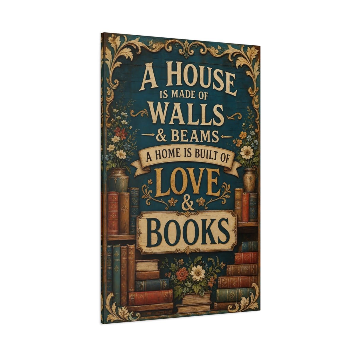 Vintage Bookshelf Quote Teal Books Canvas Print – Living Room, Above Console Table - YesArtYes