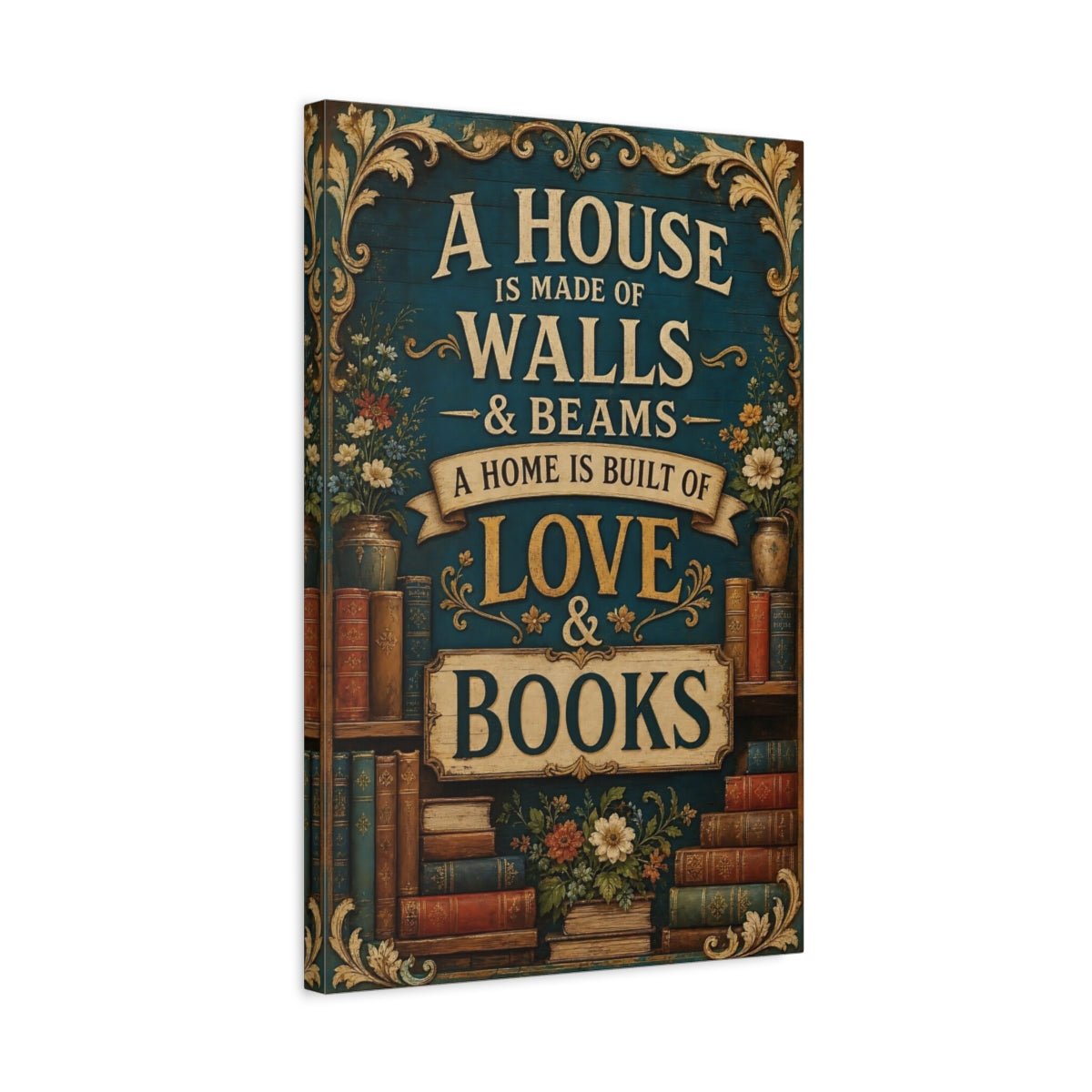 Vintage Bookshelf Quote Teal Books Canvas Print – Living Room, Above Console Table - YesArtYes