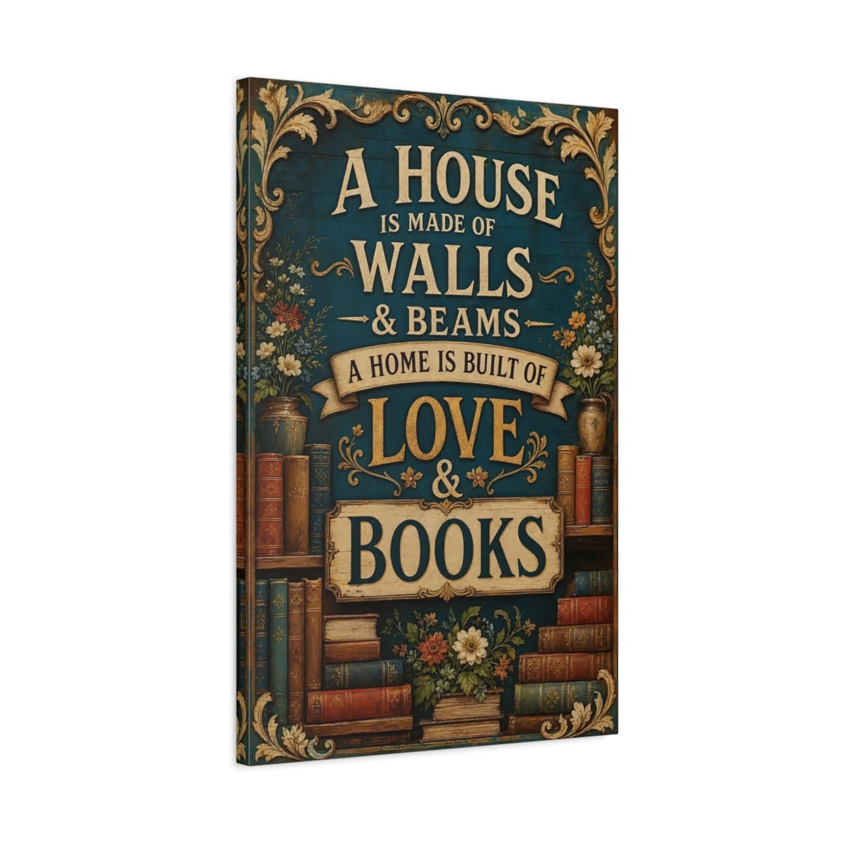 Vintage Bookshelf Quote Teal Books Canvas Print – Living Room, Above Console Table - YesArtYes