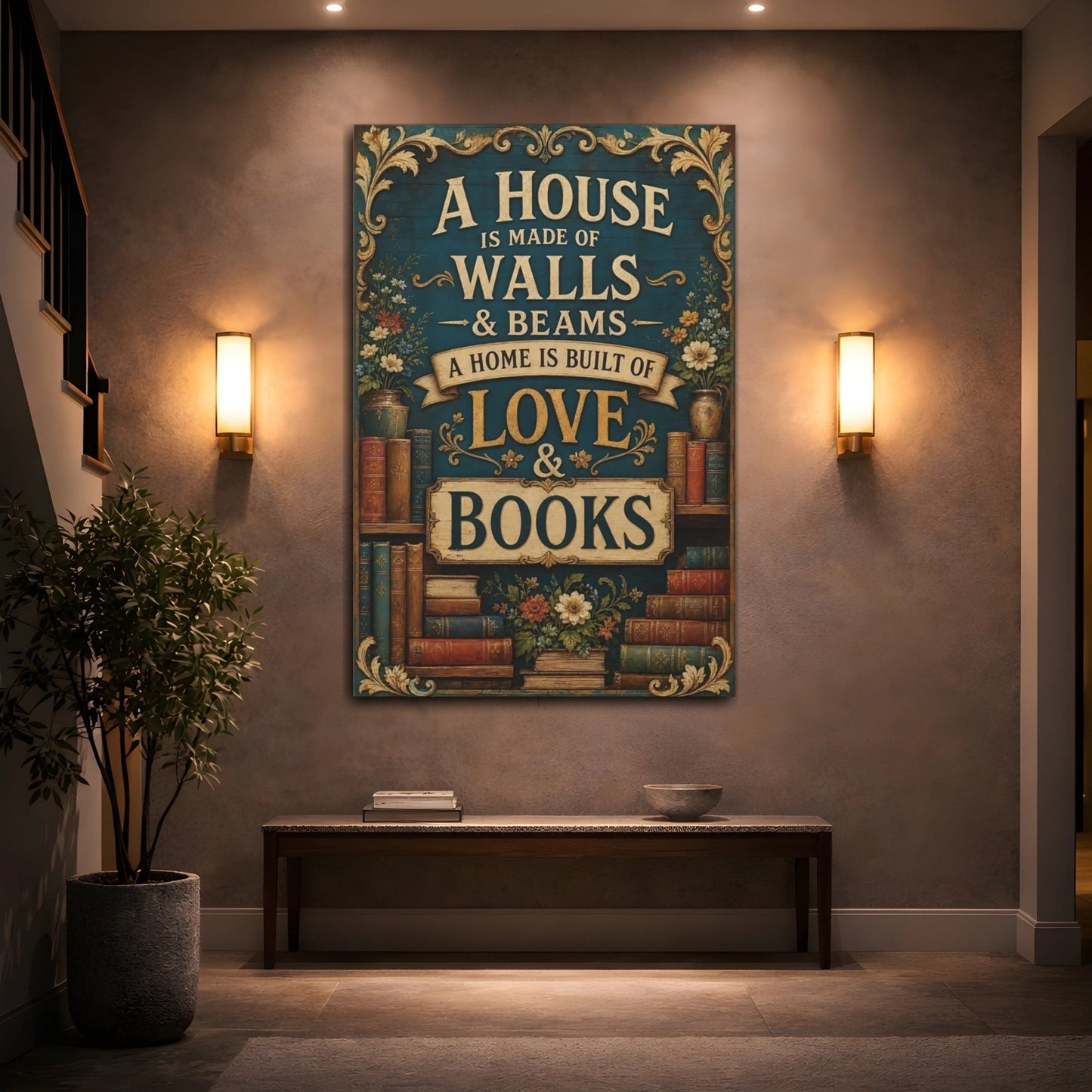 Vintage Bookshelf Quote Teal Books Canvas Print – Living Room, Above Console Table - YesArtYes