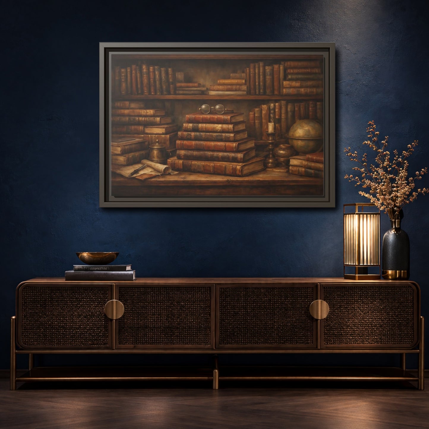 Mockup 4. Vintage Bookshelf Vintage Bookshelf shown as stretched canvas wall art