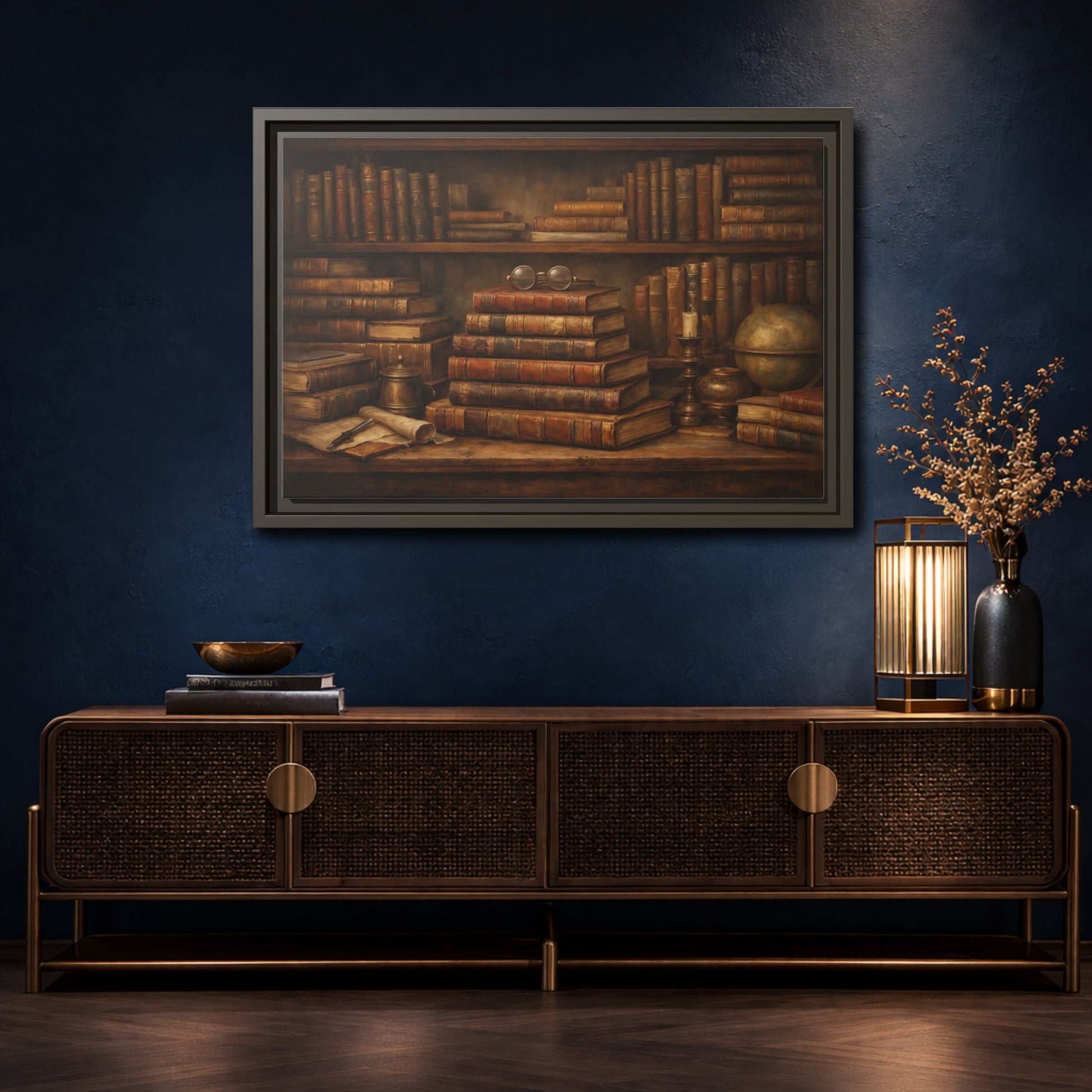 Mockup 4. Vintage Bookshelf Vintage Bookshelf shown as stretched canvas wall art