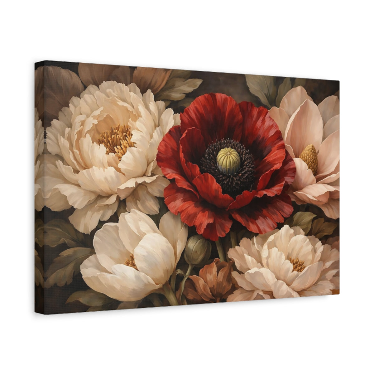 Side Mockup 4. Floral Poppy Peonies Red Cream Floral shown as stretched canvas wall art