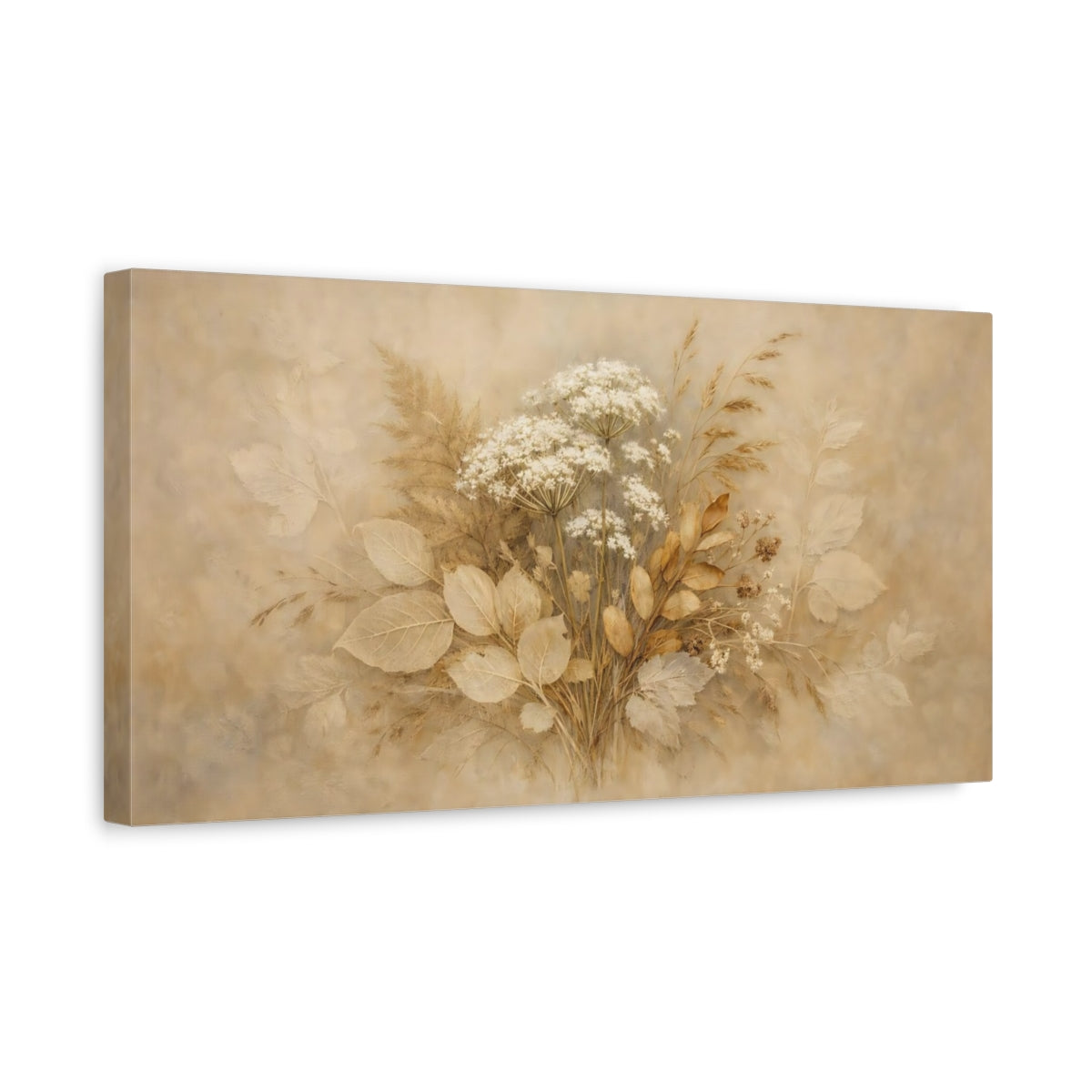 Side Mockup 3. Floral Wildflower Bouquet Brown And Beige shown as stretched canvas wall art