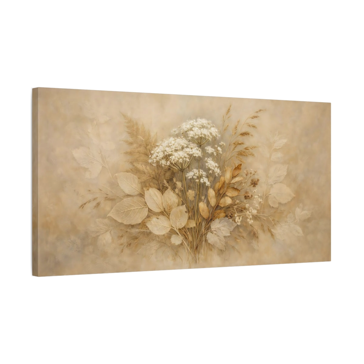 Side Mockup 2. Floral Wildflower Bouquet Brown And Beige shown as stretched canvas wall art