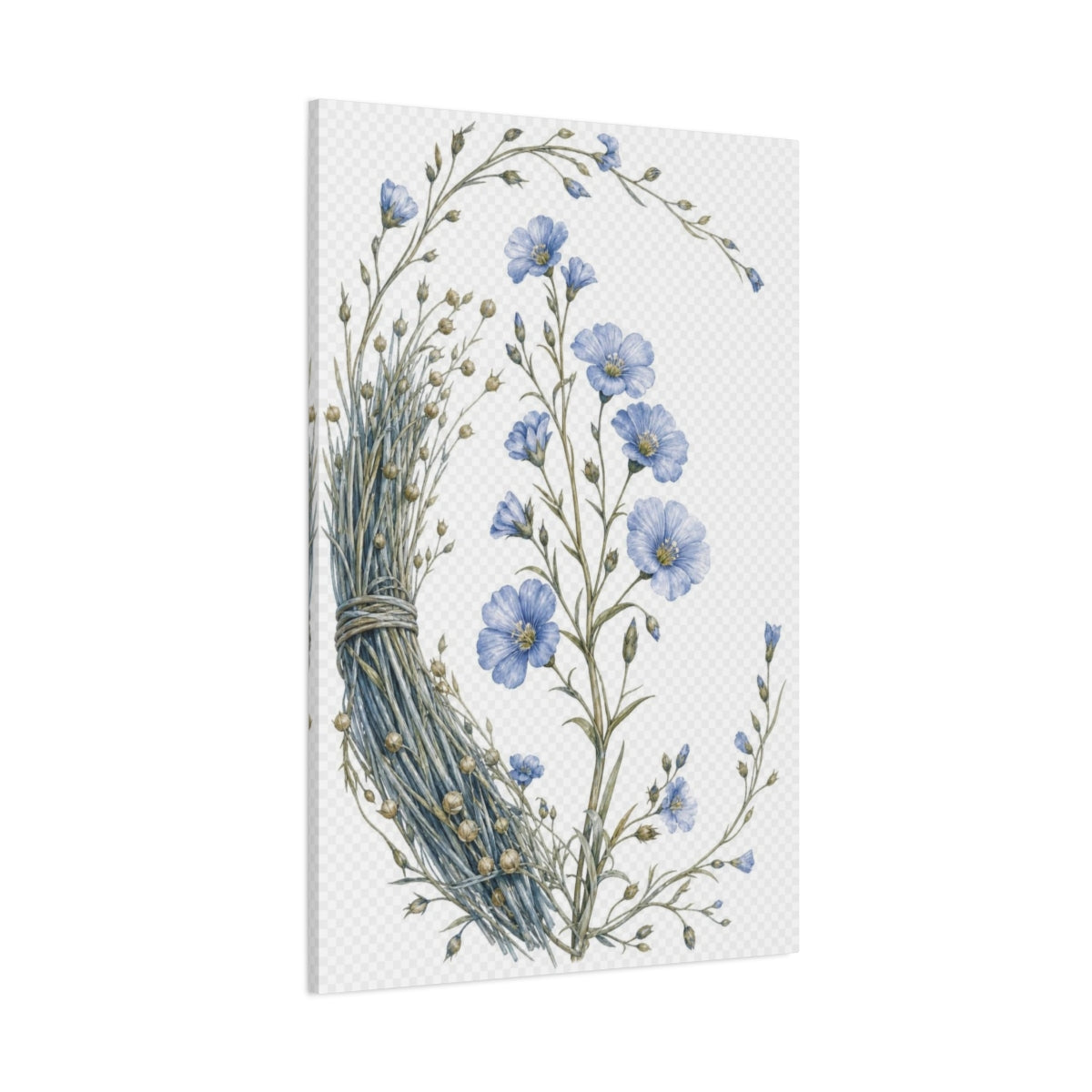 Side Mockup 1. Vintage Botanical Illustrations Blue Flax Floral shown as canvas print