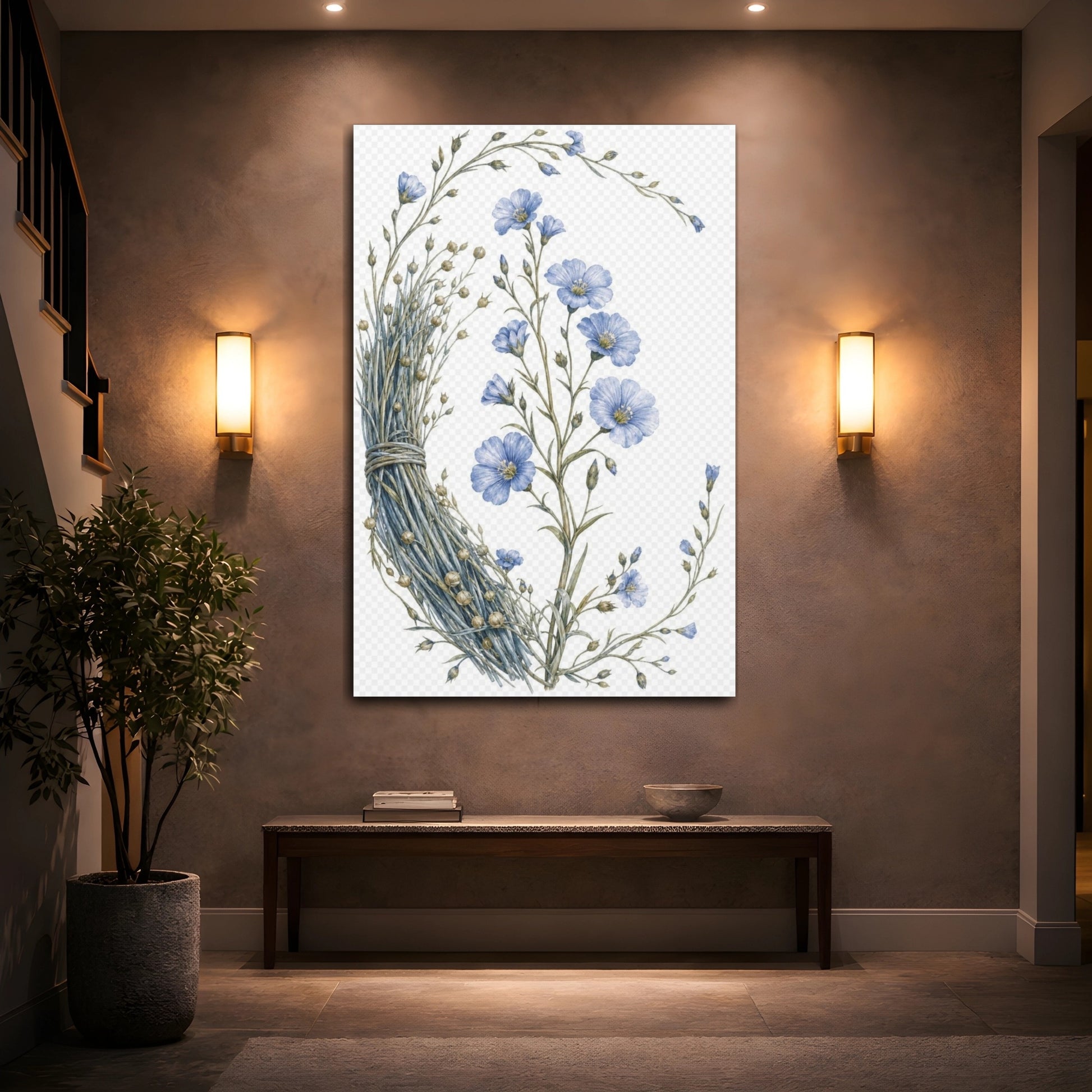 Mockup 2. Vintage Botanical Illustrations Blue Flax Floral shown as canvas print