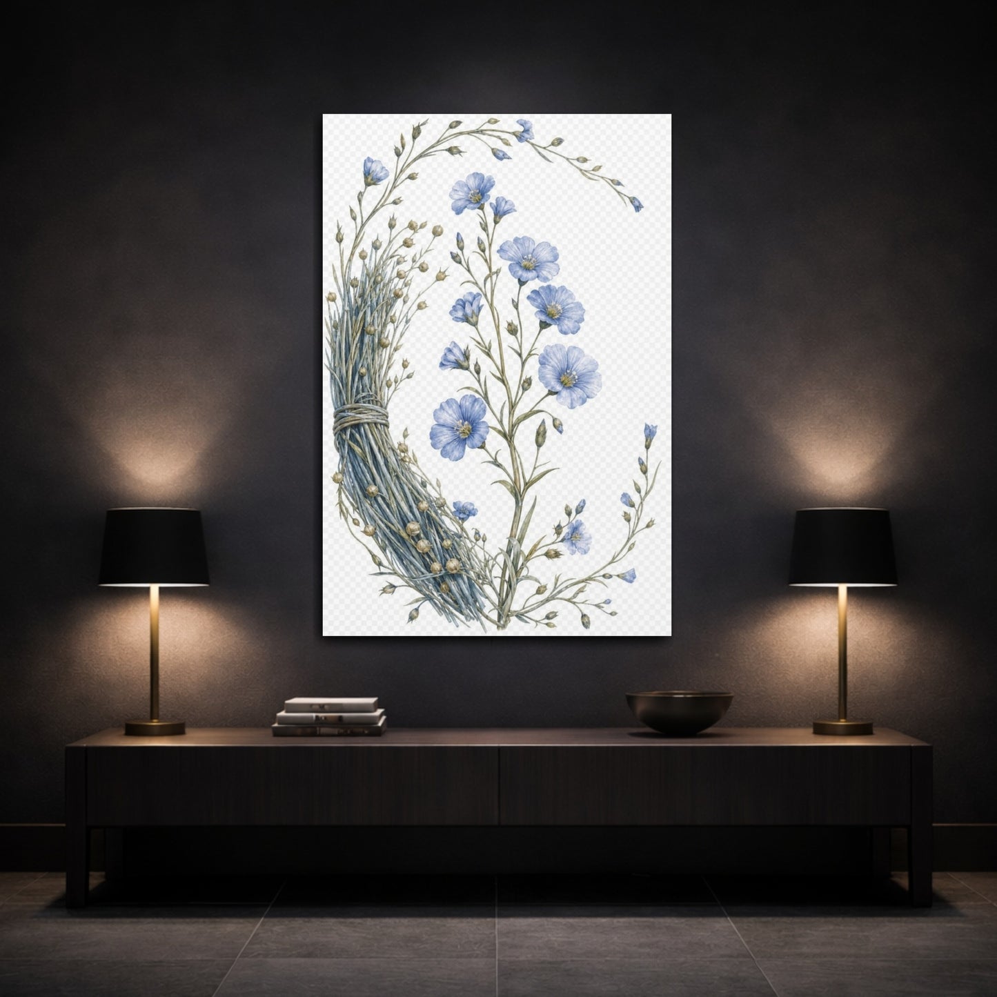 Mockup 3. Vintage Botanical Illustrations Blue Flax Floral shown as canvas print