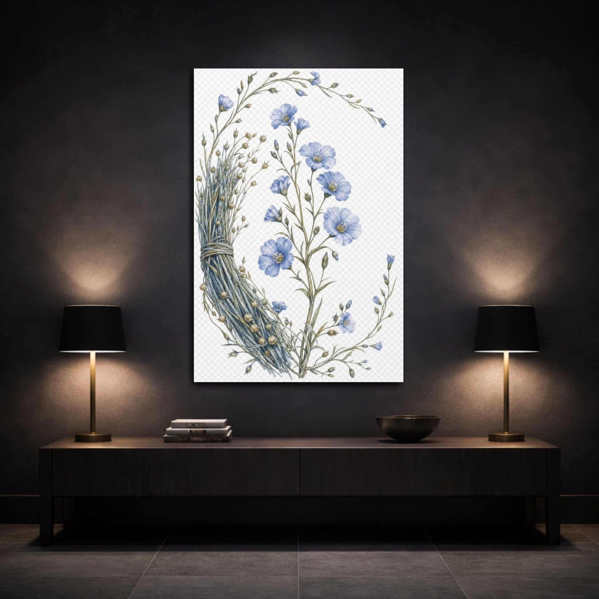 Mockup 3. Vintage Botanical Illustrations Blue Flax Floral shown as canvas print