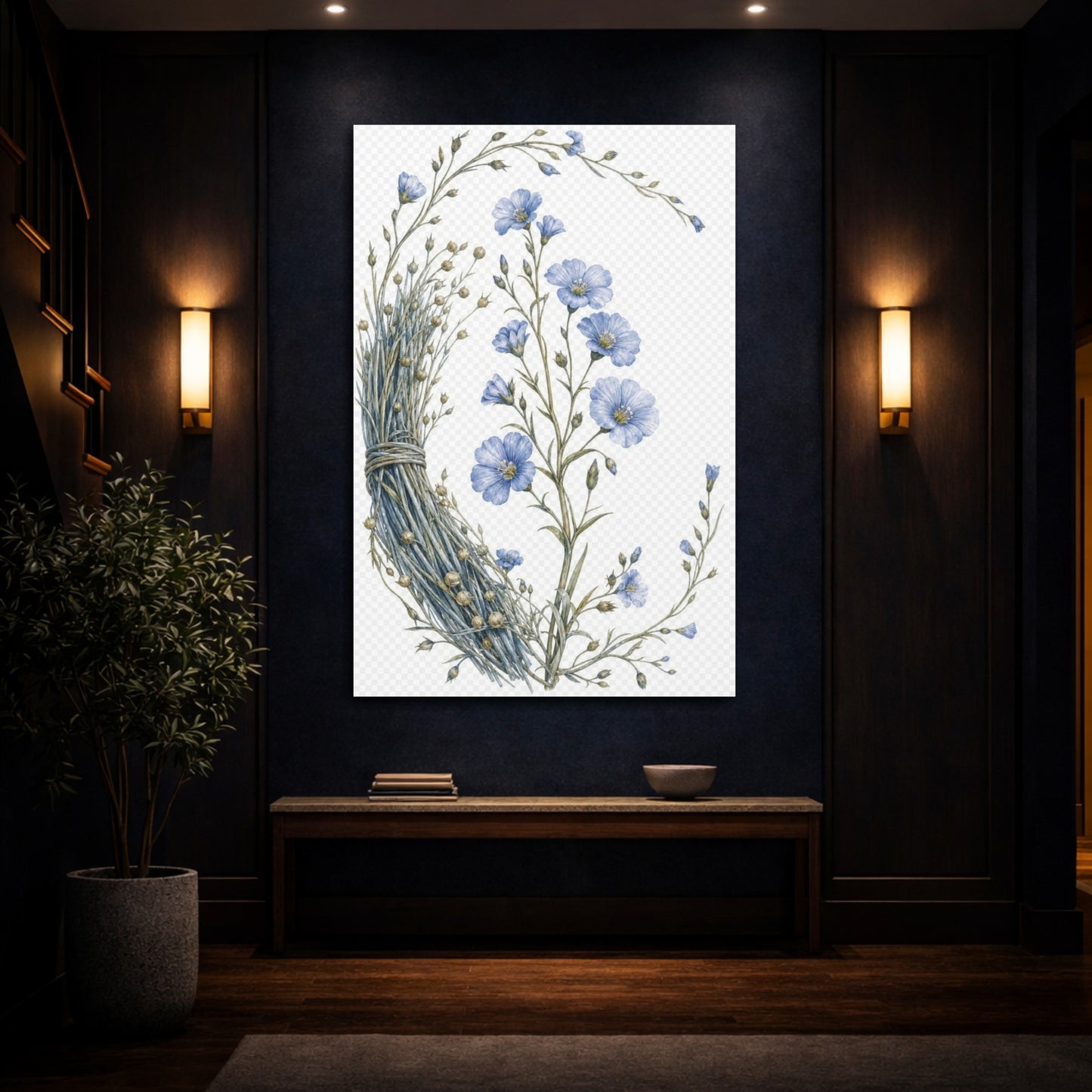 Mockup 4. Vintage Botanical Illustrations Blue Flax Floral shown as canvas print
