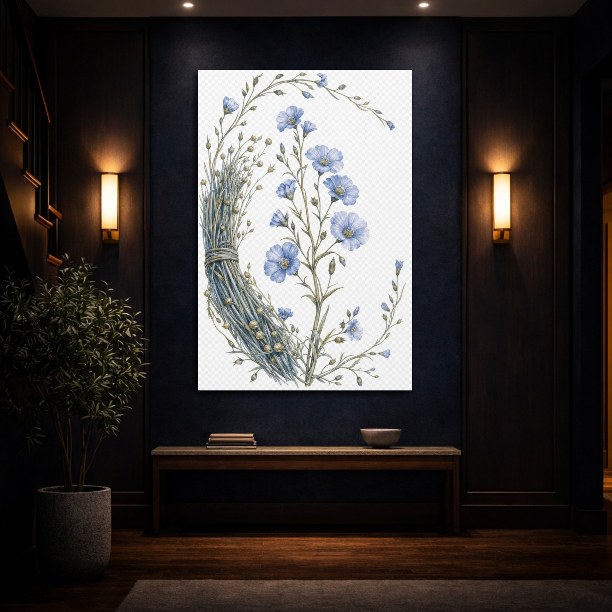 Mockup 4. Vintage Botanical Illustrations Blue Flax Floral shown as canvas print