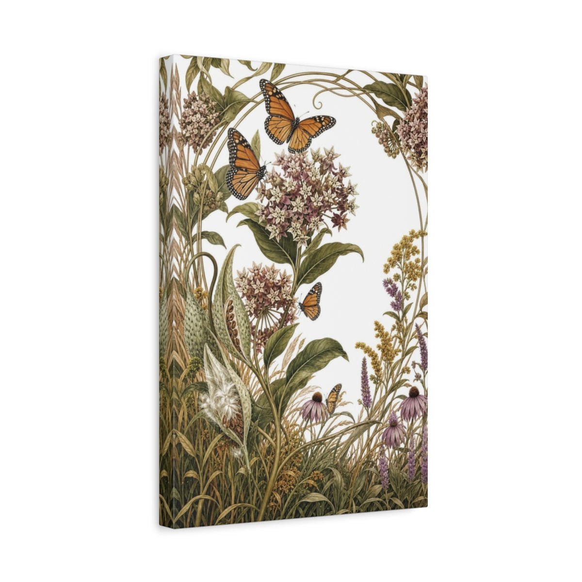Vintage Botanical Illustrations Monarch Butterflies Nature Canvas Print – Living Room, Above Couch - YesArtYes