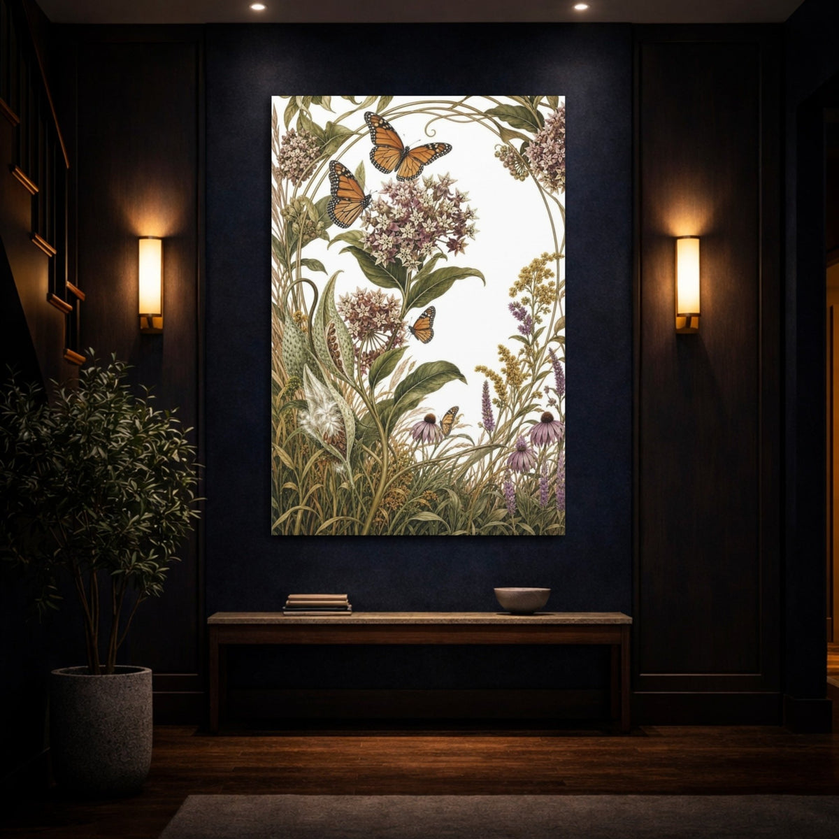 Vintage Botanical Illustrations Monarch Butterflies Nature Canvas Print – Living Room, Above Couch - YesArtYes