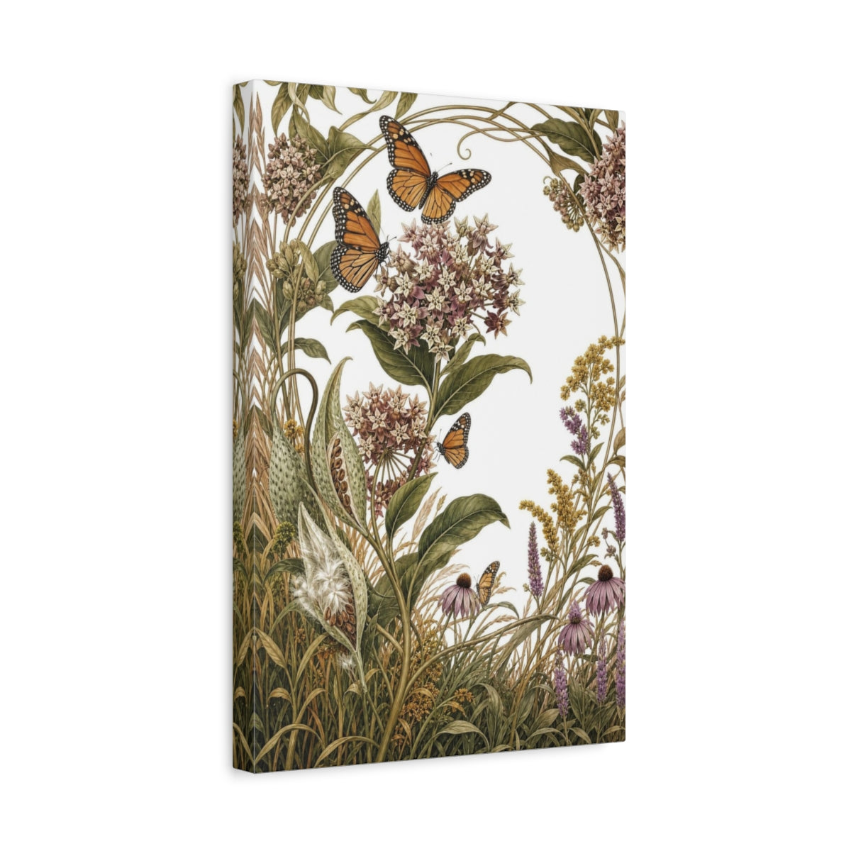 Side Mockup 4. Vintage Botanical Illustrations Monarch Butterflies Nature shown as canvas print