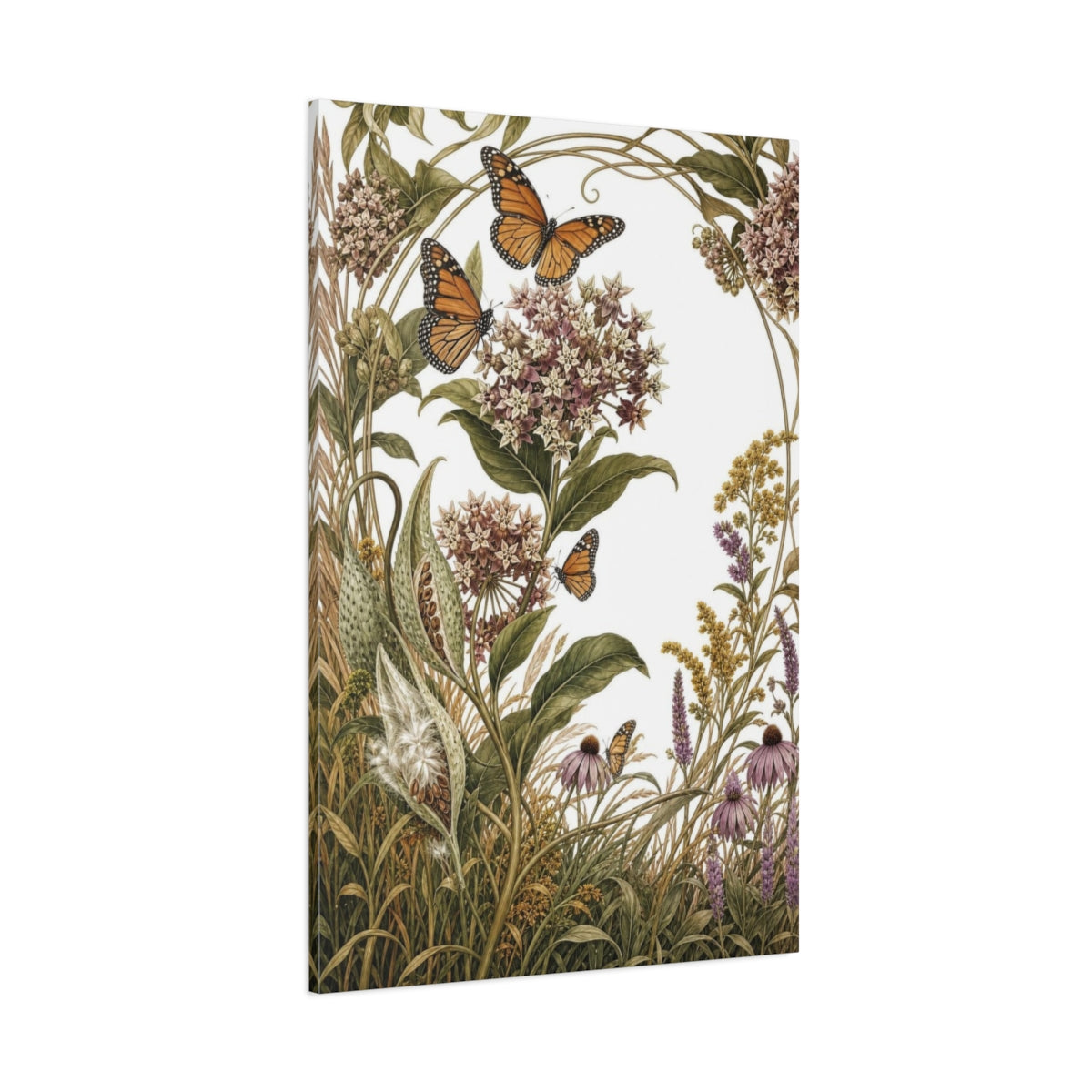 Side Mockup 1. Vintage Botanical Illustrations Monarch Butterflies Nature shown as canvas print